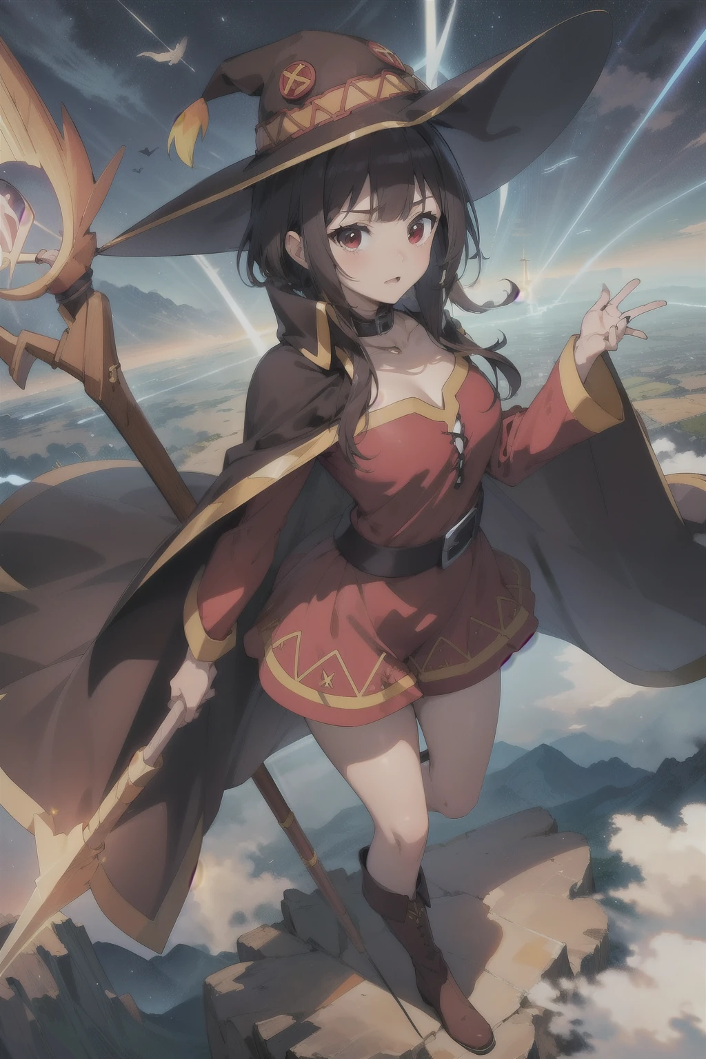 masterpiece, best quality, highly quality , Megu-KJ , megu dress , megu hat , megu cape , shapely , staff , holding staff , boots , short hair with long locks,bangs,breasts ,  (ray of light coming out of the staff:1.4) , (flying in the sky:1.4) , (aura:1.2) , collar