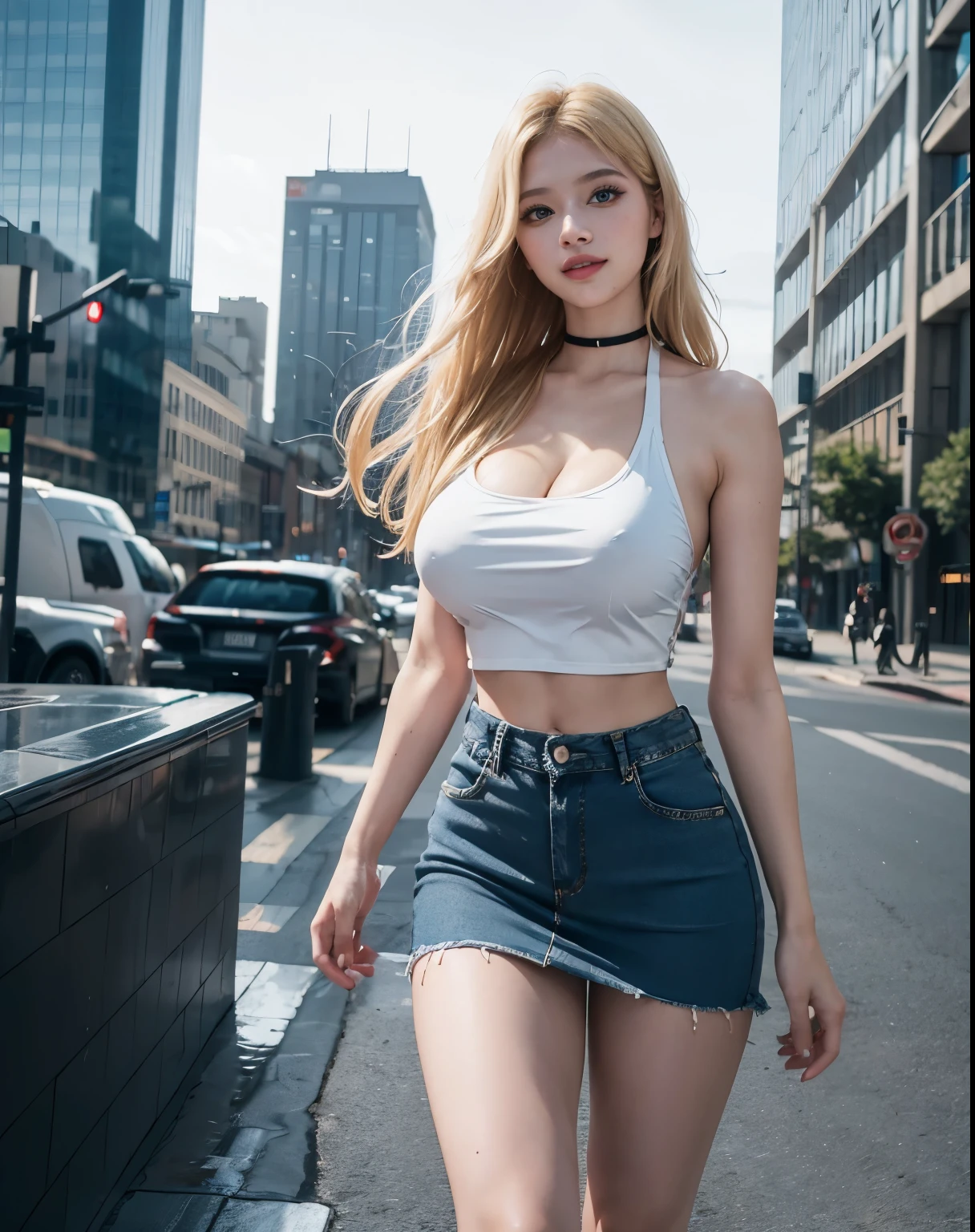1girl, (Blue Eyes), (smiling :1.2), (Sana Minatozaki), (beautiful makeup :1.2), wide hips, Big tits, big ass, (Best Quality, 8k, Masterpiece: 1.3), Clear Focus: 1.2, Perfect Body Beauty: 1.4, strong abs, Highly detailed face and skin texture, detailed eyes, double eyelids, (blond long hair :1.2), (black tubetop :1.2), (denimskirt), (Platform shoes :1.1), standing, dynamic pose, in a city, buildings in the background