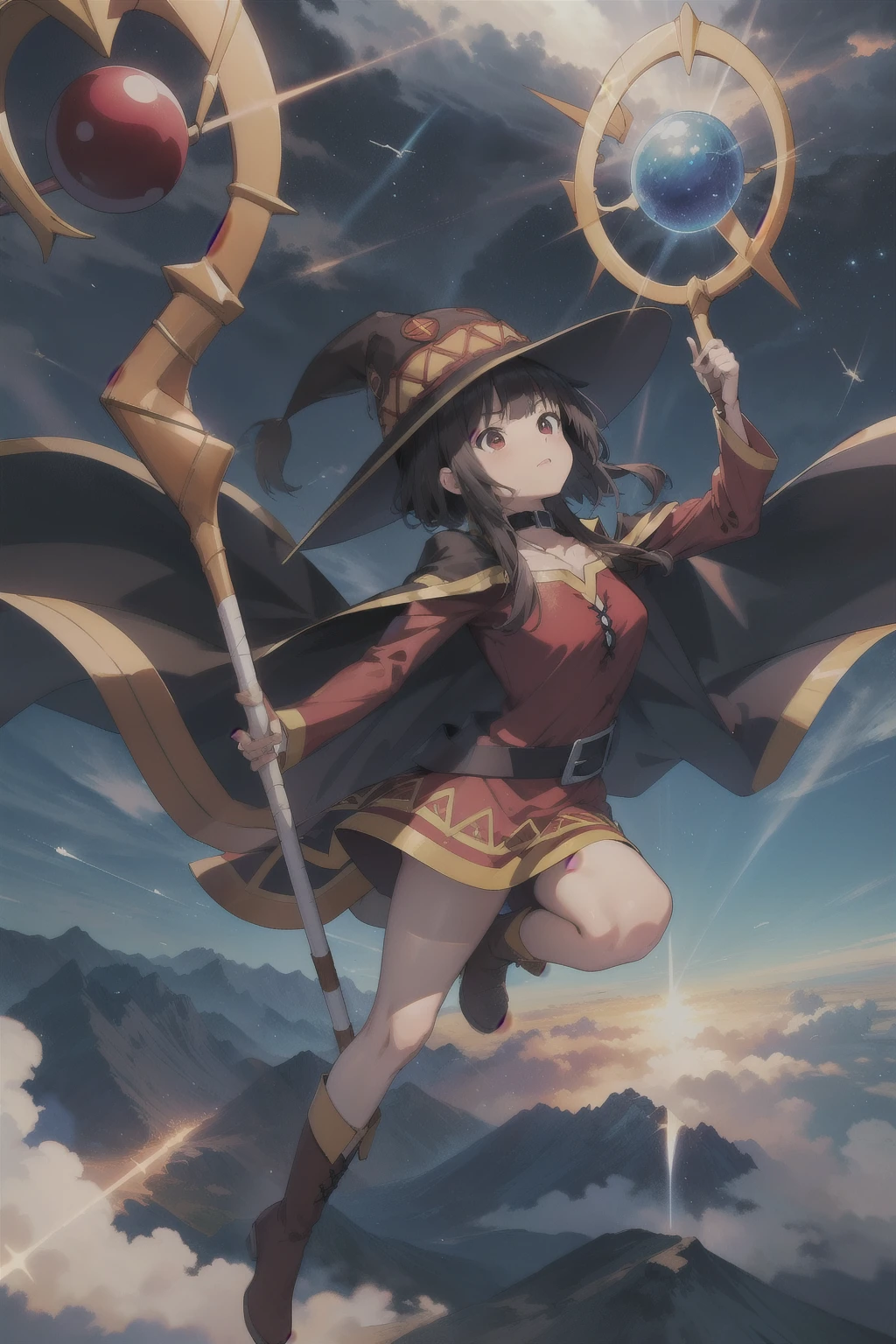 masterpiece, best quality, highly quality , Megu-KJ , megu dress , megu hat , megu cape , shapely , staff , holding staff , boots , short hair with long locks,bangs,breasts ,  (ray of light coming out of the staff:1.4) , (flying in the sky:1.4) , (aura:1.2) , collar