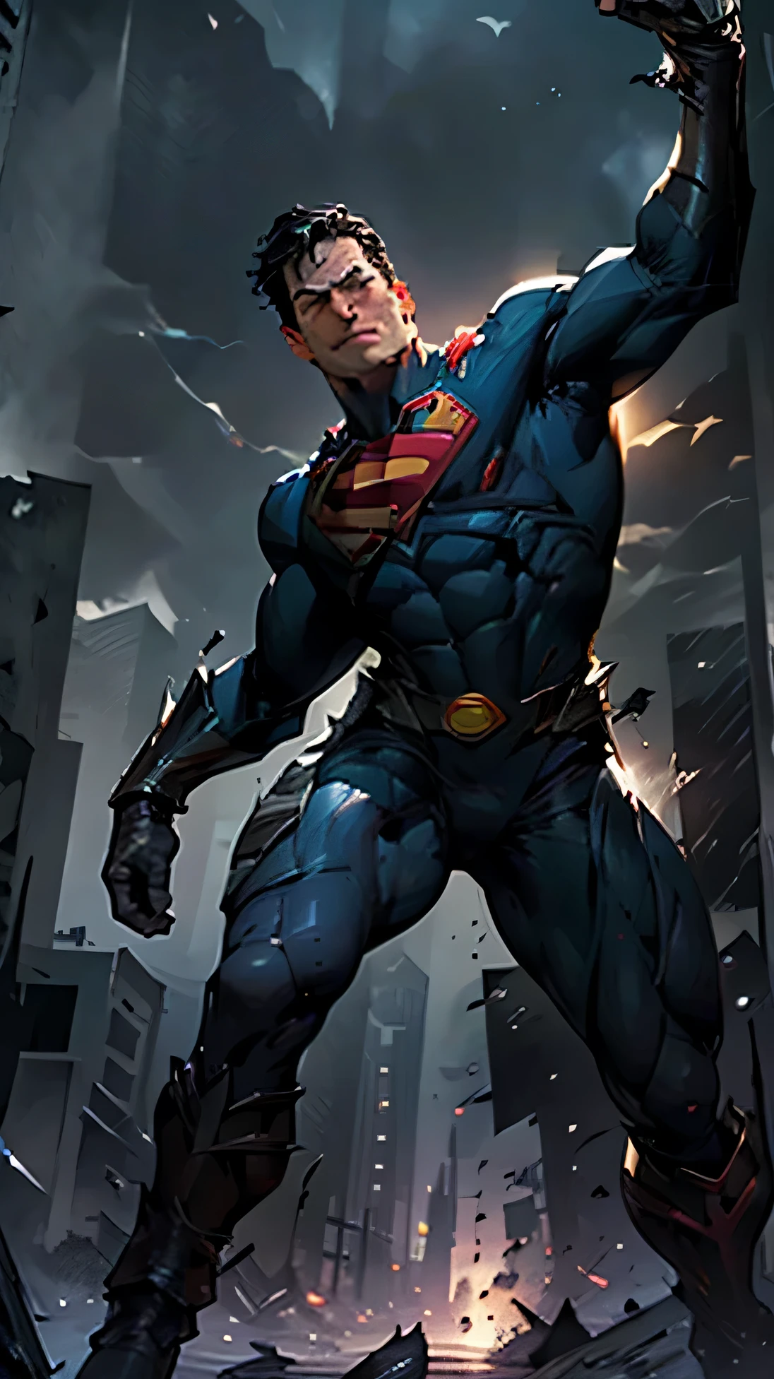 Superman de uniforme preto e Batman, destroyed city in the background, dynamic pose, fortes, epic scene, Supergirl
