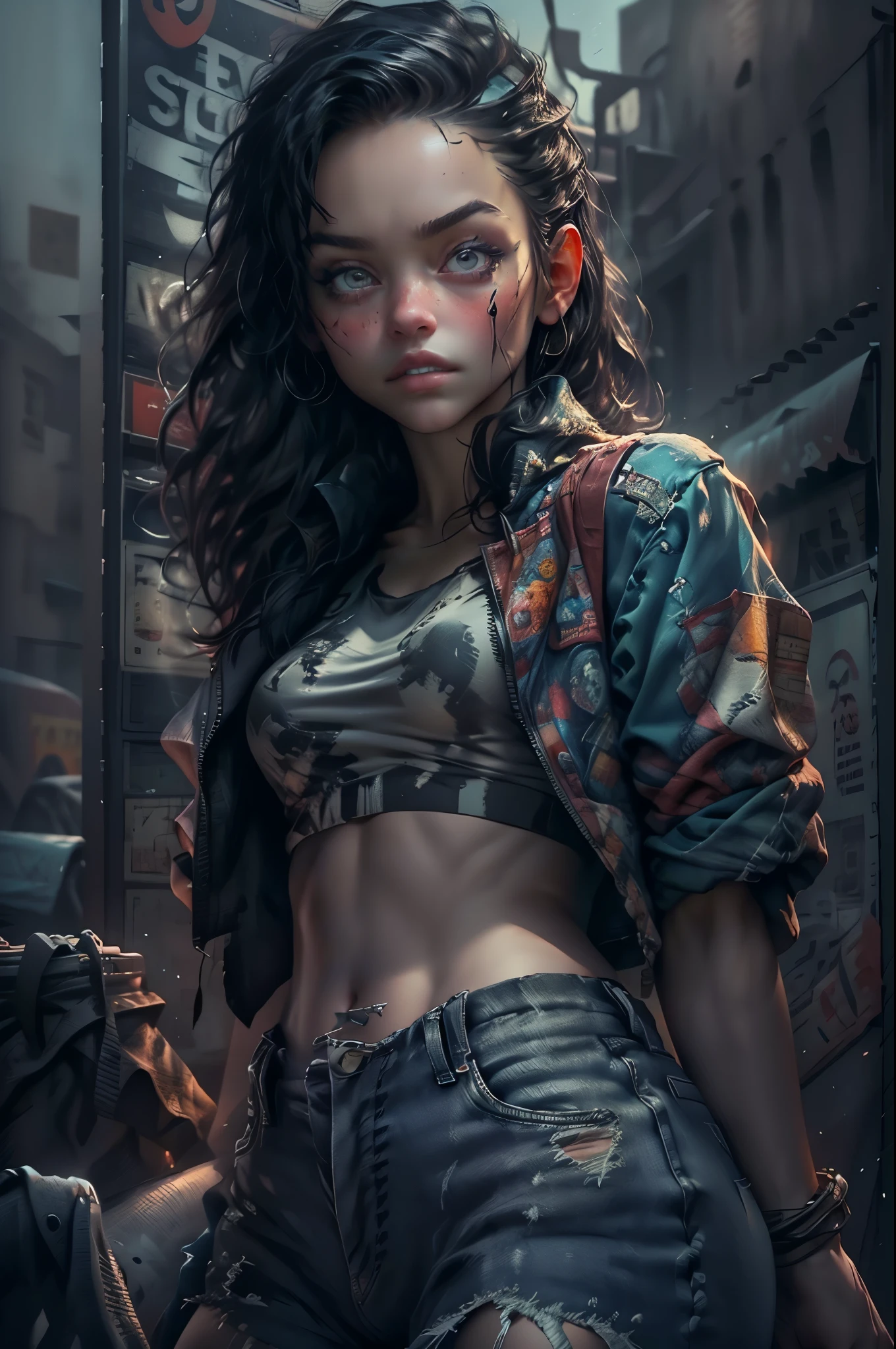 ((wide shot:1.6)), unreal engine:1.4, Ultra-realistic K CG, Photorealistic:1.4, Skin texture:1.4, masterpiece:1.4, mad max style,Beautiful young man wearing cap with backward visor:1.3, Jeans jacket, long brown hair, honey-colored eyes, military-style shorts, green pantyhose, decorations on her clothing and hair, apocalyptic city in the background