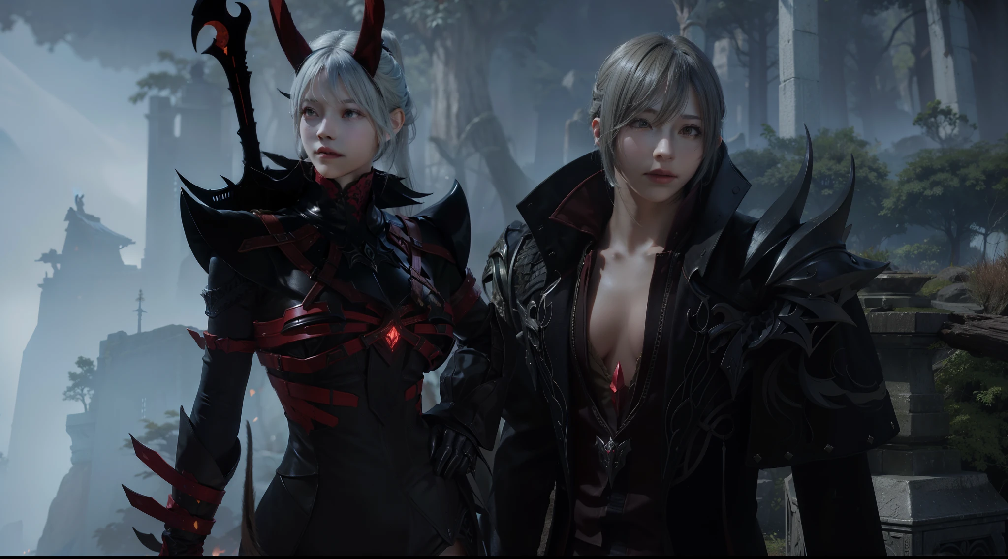 there are two female characters in a dark forest with trees, lineage revolution style 2, style final fantasy 14, Final Fantasy XIV: Marcheur de l’End, cinématique des porteurs d'ombres, Final Fantasy 1 4 screenshot, de ncsoft, asya yoranova et alan lee, plan moyen de deux personnages, Final Fantasy 14 Sharp, Final Fantasy 1 4, from lineage 2