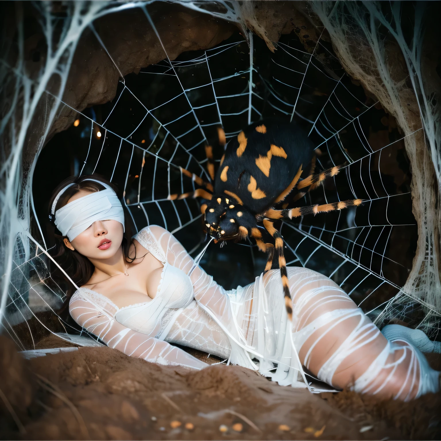 1girl,Spider weaves a net on a girl, very realistic, very detailed,bed,stretched, dark cave, struggle in the net,brown haired, very long sheer skirt,lying down,(blindfold:1.4),spider web
