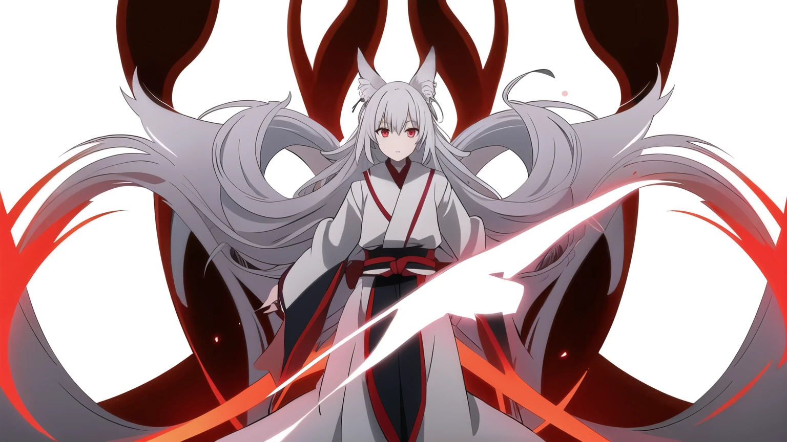 Gigant Nine-tailed white fox, multiples tails, red eyes, Kitsune,white background