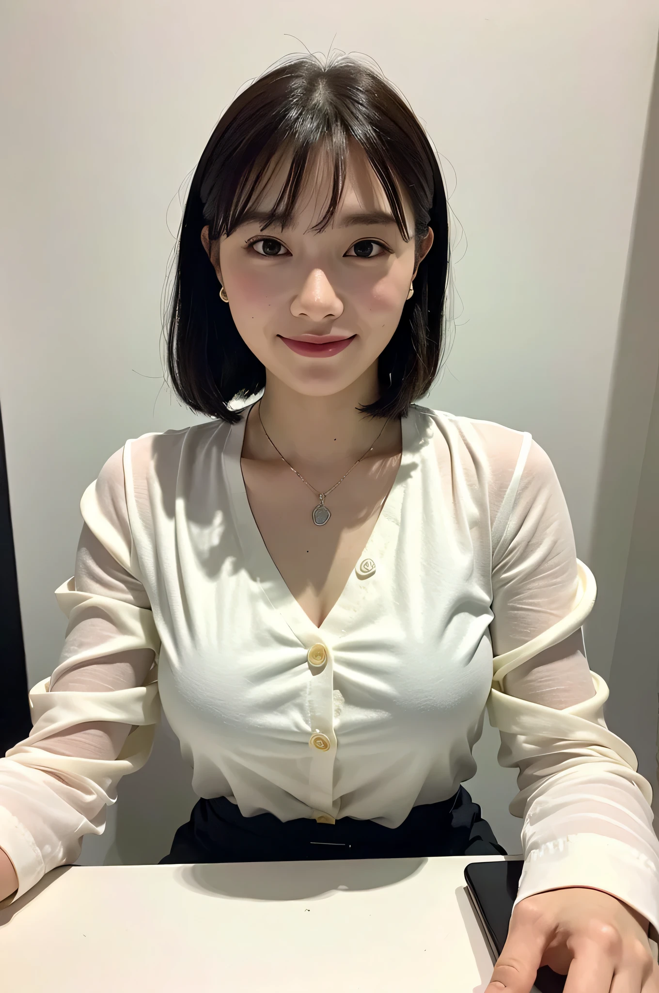 ((8K:1.27)、highest quality、masterpiece、超A high resolution:1.2)photo beautiful japanese women (fun:1.1) (white clothes:1.21) Designed by Greg Rutkowski and Alphonse Mucha Complex elegance、fantasy、detailed、geometry、gradient lighting、1 girl、26 years old、delicate skin、looking at the audience、brown eyes、(flaxen short hair:1.2)、(very big breasts:1.0)、(medium areola:0.8)、(Photoreal:1.4)、(highest quality:1.0)、(超A high resolution:1.0)、(Without the use of hands:1.0)、8K、RAW photo、 (representative song: 0.2), (Pueros face_V1:0.5)、white shirt、stop all buttons、up to the chest、office、conference room、In a meeting、tight clothes、listen to the story、No sleeve、one piece、No sleeve、See-through、smile、shortcut、flowing bangs、necklace、laptop、Meeting Table、sit on a chair、thick body、28 years old、erotic atmosphere、