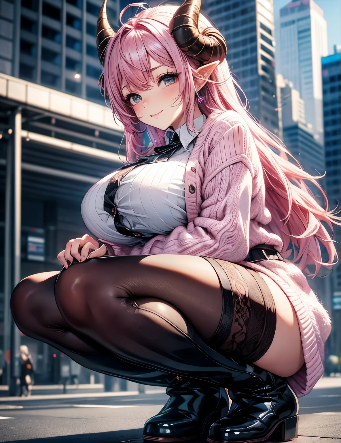 1girl, pink hair, trendy hairstyle, horns, hd quality, 4k, 8k, knitted cardigan, boots, fluffy hat, , kawaii, stepped on pov, below boot pov, huge breasts, cityscape, crouched, demoness