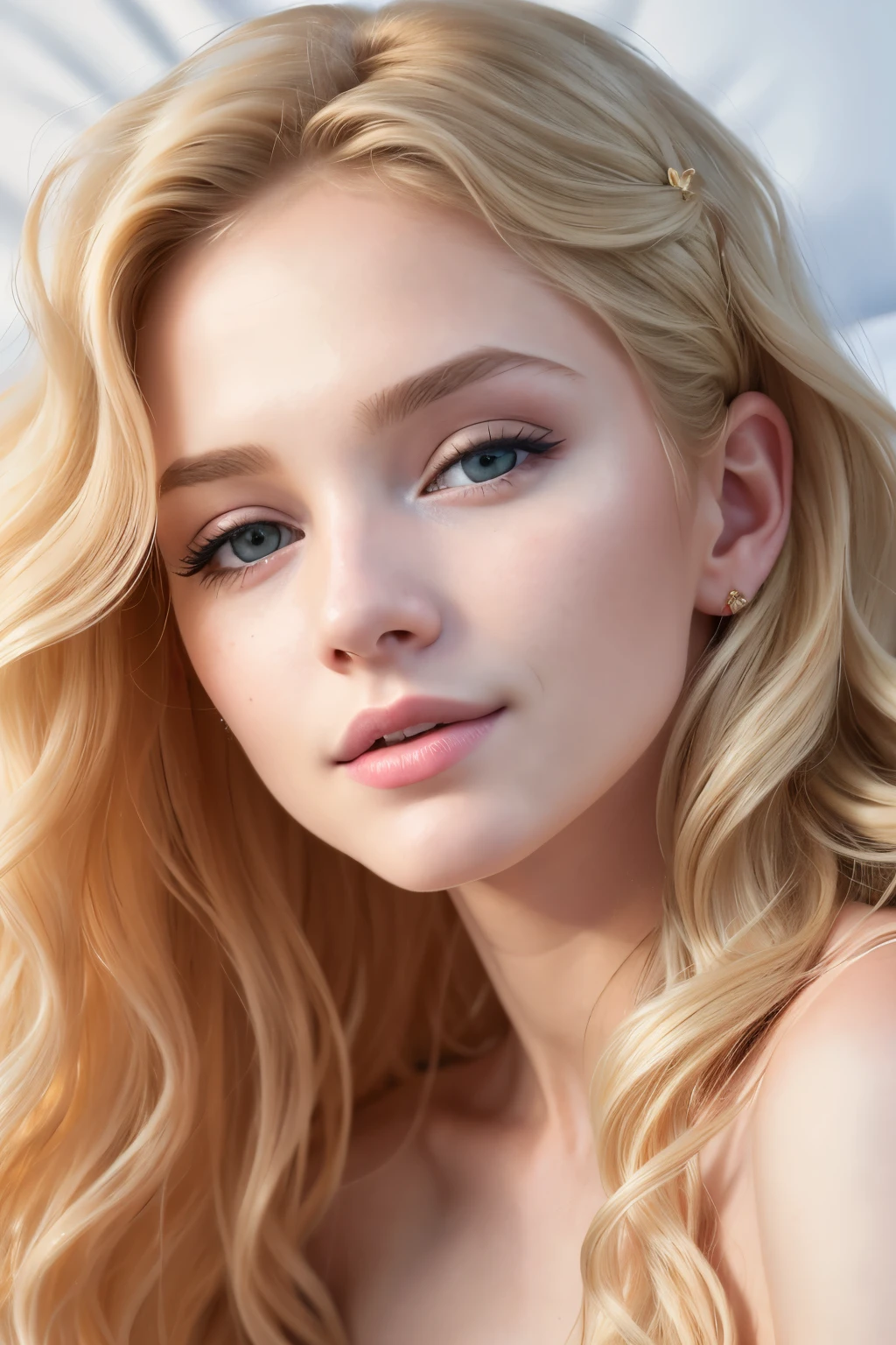 Blonde girl, solo, (25-year-old:1.3), beautiful woman, (Extra long wavy blonde hair:1.3), detailed face:1.2), ((detailed facial features:1.3)), finely detailed skin, pale skin, ((Portrait:1.3)), wrapped in a sheet, Bedroom environment, (reclining on the bed:1.3), (cold color scheme:1.2), moist, reflective surface, (Realistic:1.3), (high resolution:1.3), ((Photorealistic:1.4)), masterpiece, realistic detail, photographed with a Canon EOS R5,