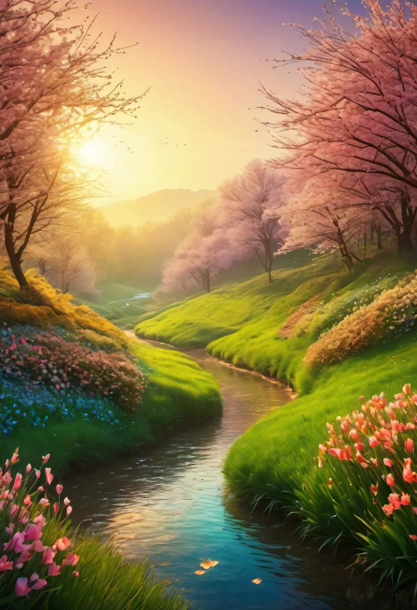 (best quality, highres, ultra sharp), magical Spring Morning, about the beauty of nature , art decostyle , natural colors, 3d crunch, soft tones,