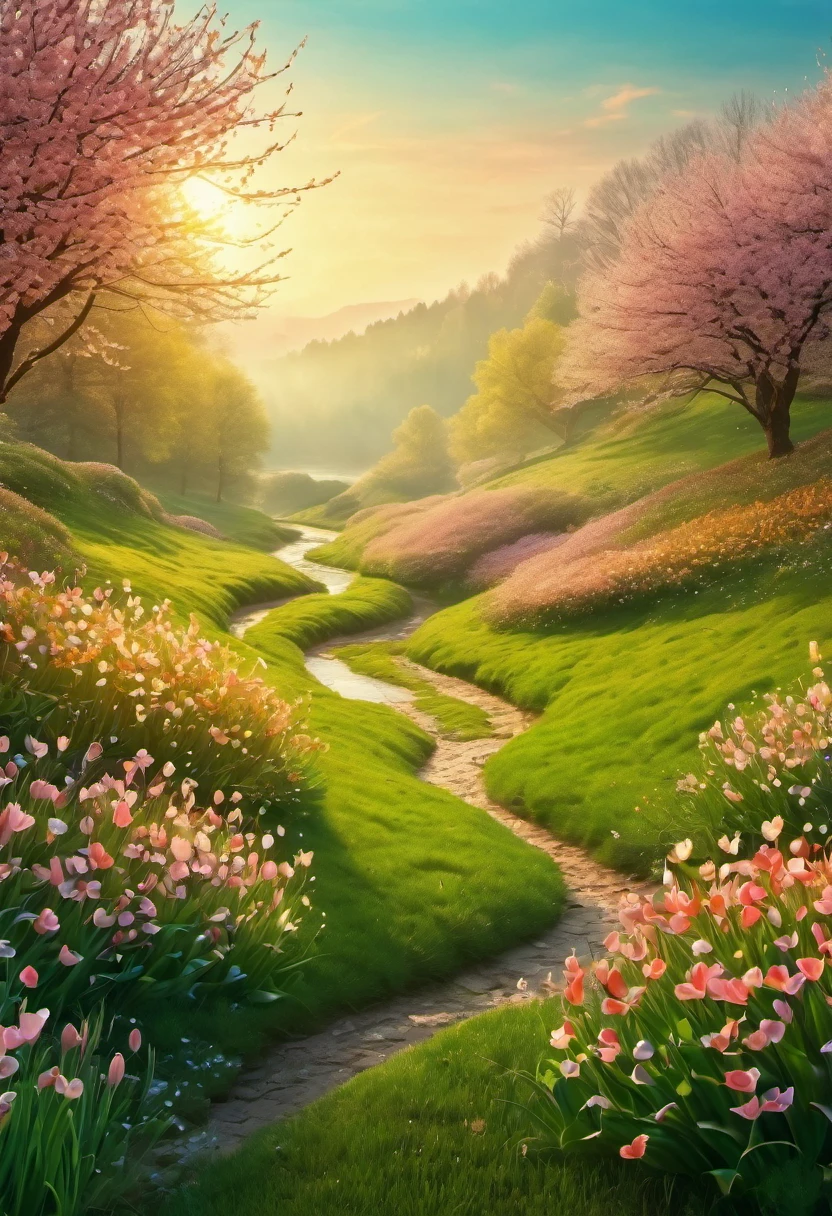 (best quality, highres, ultra sharp), magical Spring Morning, about the beauty of nature , art decostyle , natural colors, 3d crunch, soft tones,