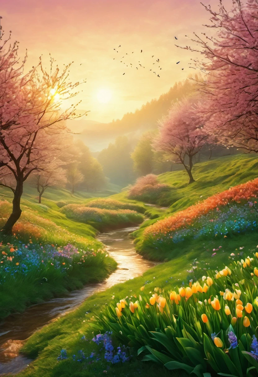 (best quality, highres, ultra sharp), magical Spring Morning, about the beauty of nature , art decostyle , natural colors, 3d crunch, soft tones,