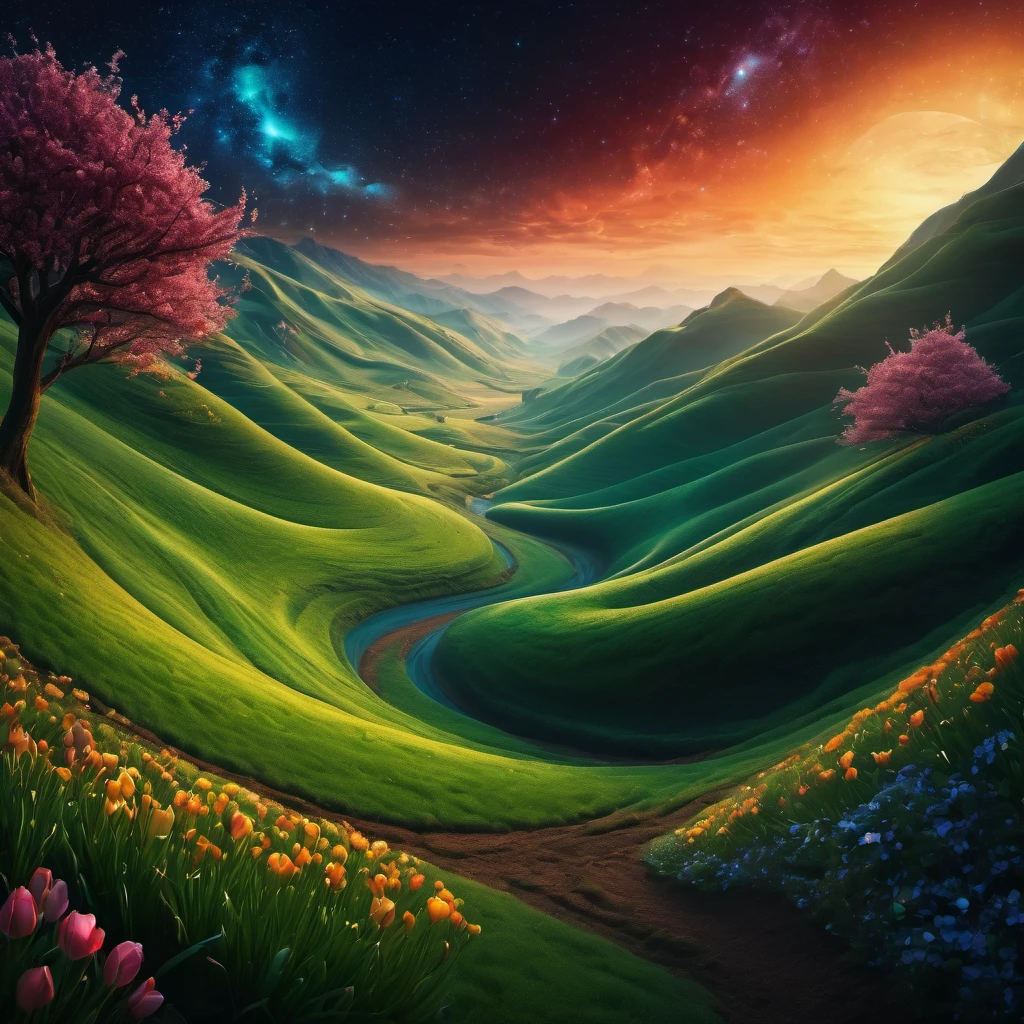 (best quality, highres, ultra sharp), magical Spring Morning, about the curvature of space time, art decostyle , natural colors, 3d crunch, dark tones,