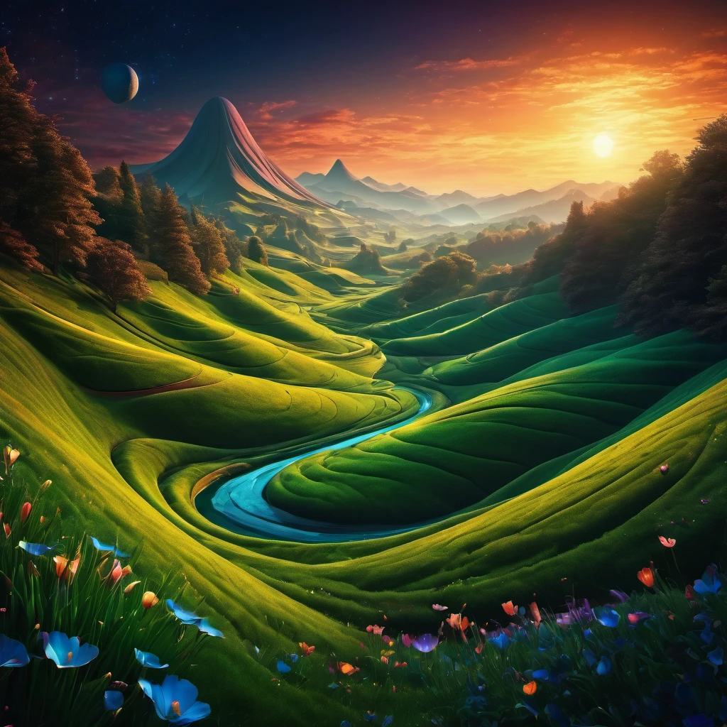 (best quality, highres, ultra sharp), magical Spring Morning, about the curvature of space time, art decostyle , natural colors, 3d crunch, dark tones,