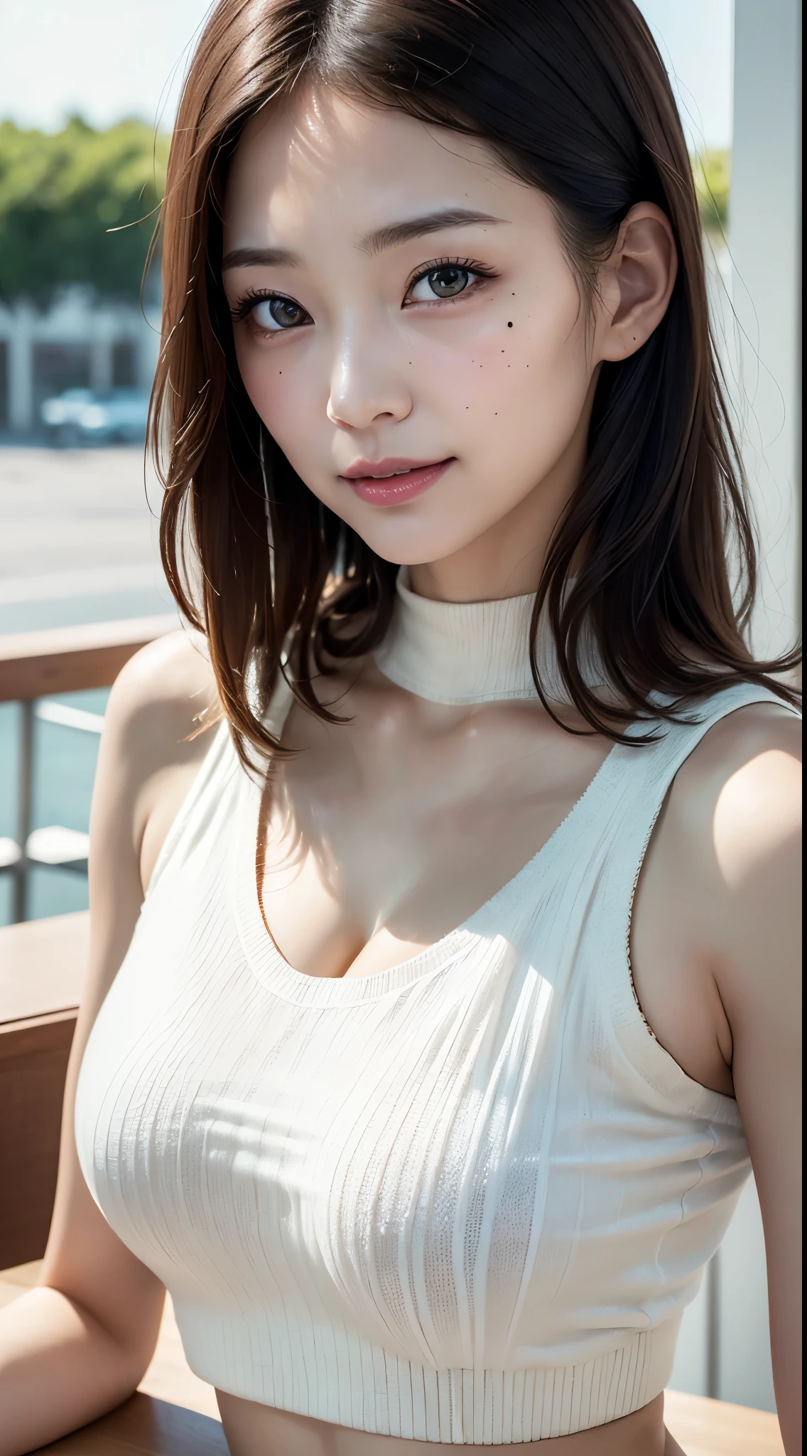 table top, highest quality, Photoreal, finely, High resolution, 8k wallpaper, perfect dynamic composition, finelyて美しい目, (((Bobbed hair like an elementary school student))), big and full breasts, random sexy pose,chest to chest、(Mock Neck Crop Tank Top White Knit、cleavage looks real)、(Breast bulge 1.2)、laughter、open your mouth、resort scenery、(((42 years old)))、(droopy eyes 1.4)、 beauty、Japanese、(mole under left eye、Blackhead on the right side of the mouth)
