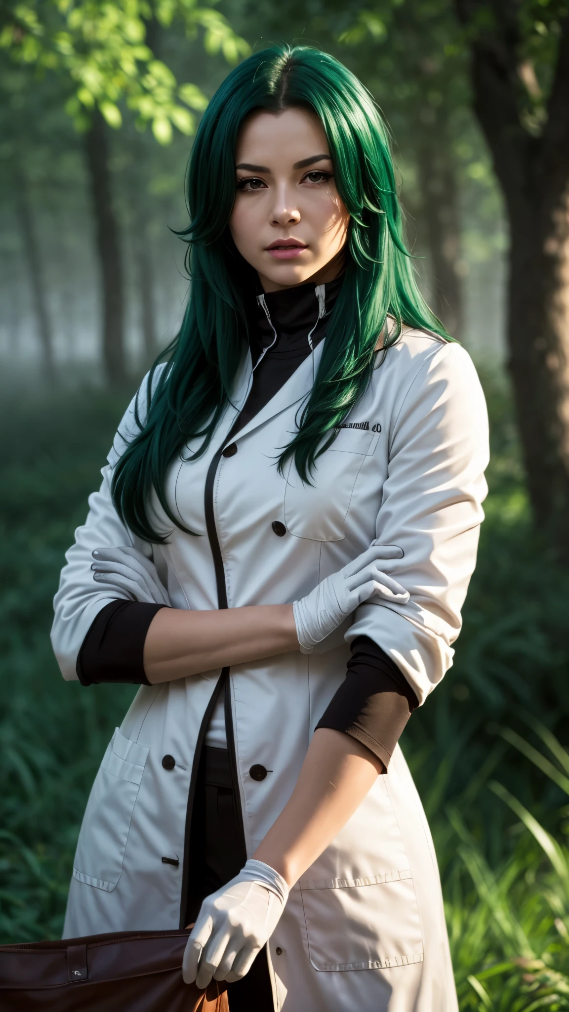 photorealistic, (4k), depth of field, (Masterpiece), (realistic skin texture), extremely detailed, intricate, hyper detailed, professional photography, bokeh, high resolution, sharp detail, best quality, woman, long hair, green hair, yellow eyes, hair covering one eye, long coat, white coat, white gloves, leather boots, lying on back, dynamic pose, dense forest, vegetation, thick forest, dark forest, (mist), (foggy forest:1.3), muscular female,