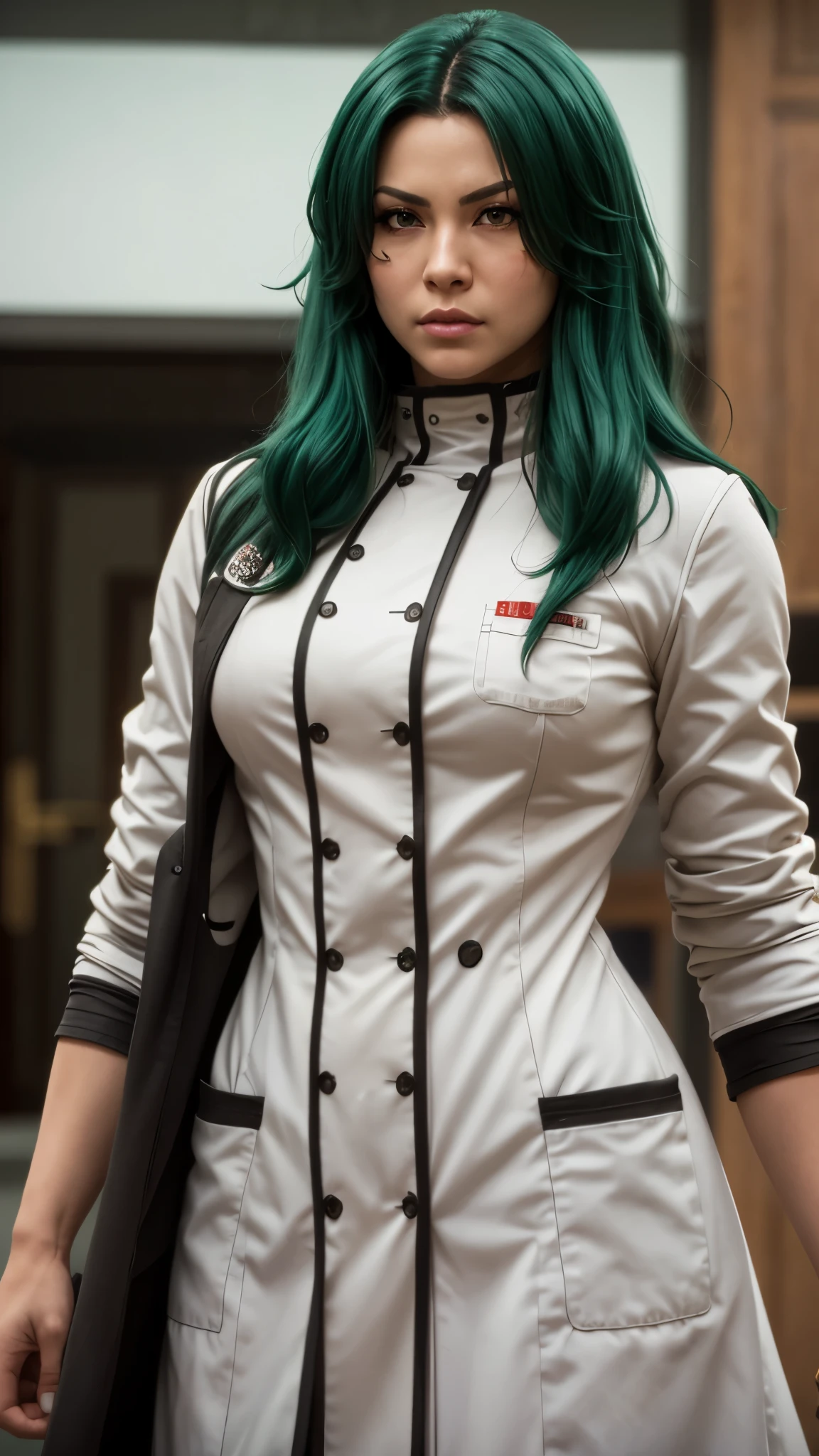 photorealistic, (4k), depth of field, (Masterpiece), (realistic skin texture), extremely detailed, intricate, hyper detailed, professional photography, bokeh, high resolution, sharp detail, best quality, woman, long hair, green hair, yellow eyes, hair covering one eye, long coat, white coat, white gloves, dynamic pose, muscular female, (combat stance:1.5), upper body,