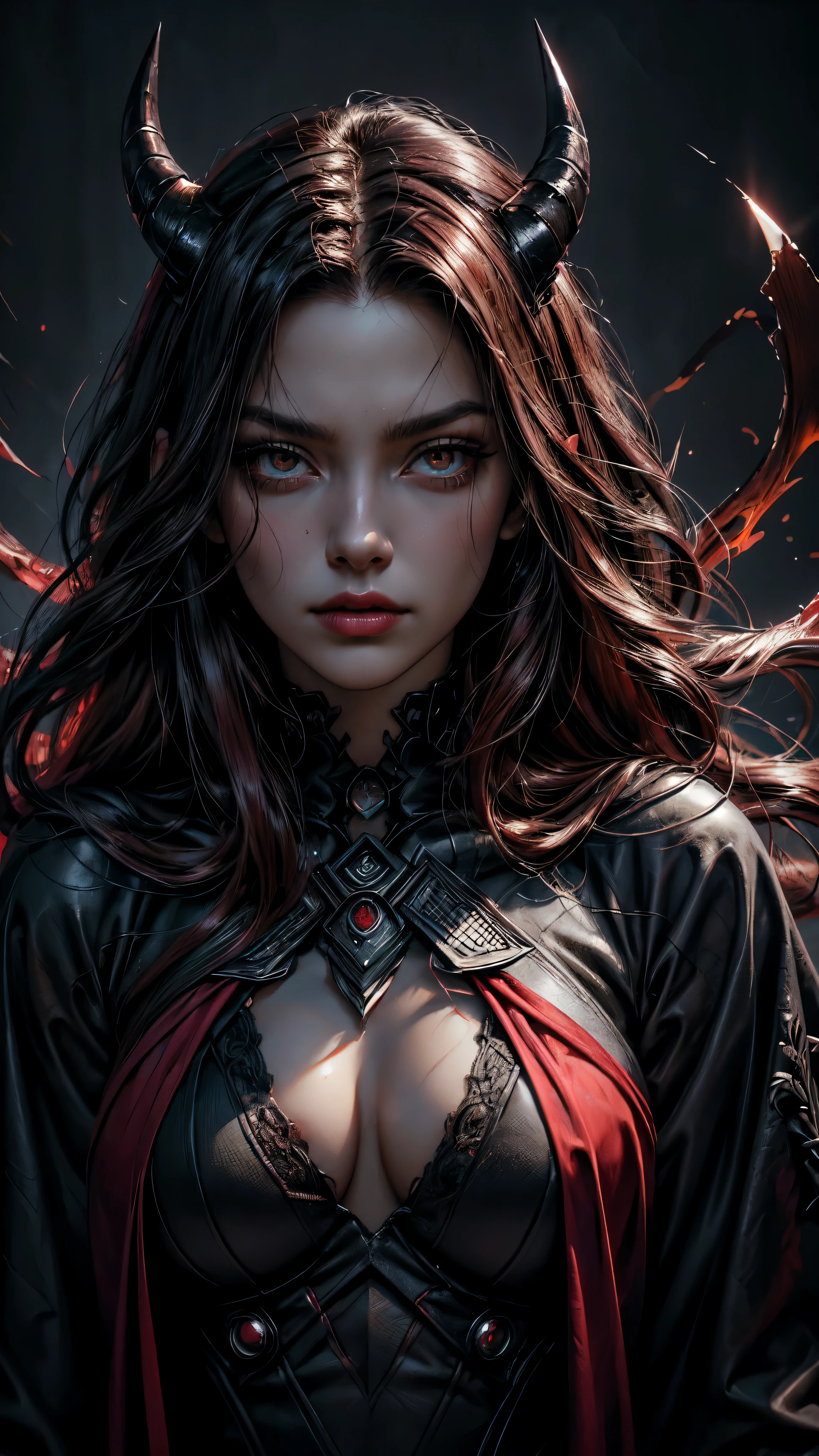 (detailed face,detailed eyes,longeyelashes)(best quality,ultra-detailed)(realistic)(oil painting,portrait) dark lighting,dark colors,red color,queen of the darkness,fierce expression,horns,dark lipstick,glowing red eyes,sharp features,flowing dark hair, full body