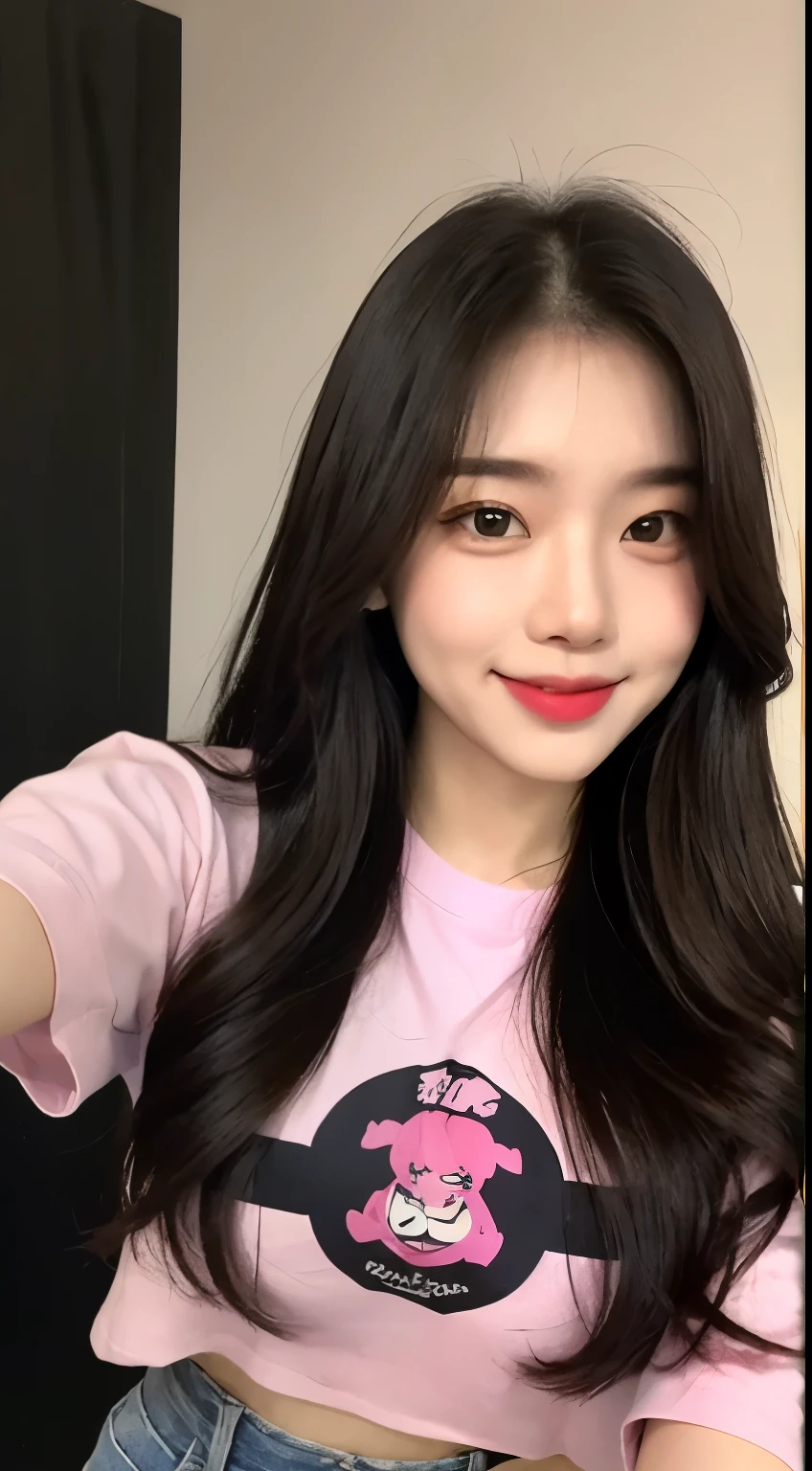 garota coreana, vline, sorrindo, camiseta branca cropped, jeans, cintura fina, pink lips, rosto pequeno, franja, selfie