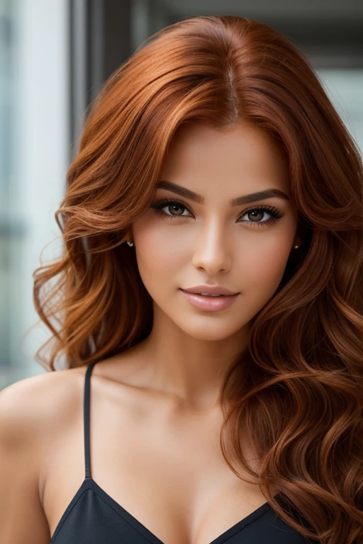 Generate a visual representation of a woman with voluminous, wavy red hair, olhos esverdeados expressivos, altura em torno de 1,65 metros, radiant brown skin and a sensual presence. The image should capture the woman&#39;s natural beauty and confidence, with a seductive facial expression and a posture that denotes self-confidence and magnetism."