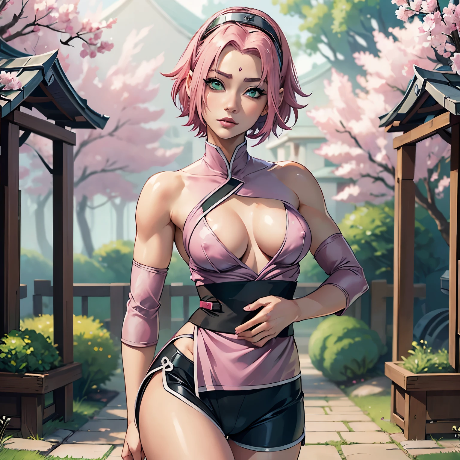 ((ultra quality)), ((masterpiece)), Haruno Sakura, Naruto Shippuden, ((pink short hair)), (beautiful cute face), (beautiful female lips), Charming, ((sexy facial expression)), looks at the camera, eyes slightly open, (skin color white), (blue skin), glare on the body, ((detailed beautiful female eyes)), ((green eyes)), (juicy women&#39;s lip liner), (beautiful female hands), ((ideal female figure)), ideal female body, beautiful waist, gorgeous thighs, beautiful small breasts, ((thin and beautiful)), stands temptingly (Rear view), (Sakura Haruno&#39;s clothes, black skinny shorts, leggings, Hidden Leaf Village Shinobi Clothes) background: hidden leaf village, Naruto shippuden, ((depth of field)), ((clear high quality image)), (Clear details), ((high detail)), really, professional photo shoot, ((Clear Focus)), anime,hand on crotch