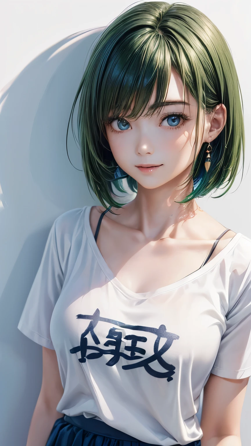 (highest quality、8K、32k、masterpiece)、(realistic)、(Photoreal:1.2)、(High resolution)、Super detailed、very beautiful face and eyes、1 girl、round and small face、thin waist、delicate body、(close、highest quality、high detail、Rich skin details)、(highest quality、8K、oil paint:1.2)、Super detailed、(realistic、realistic:1.37)、bright colors、(((i have green hair)))、(((bust shot)))、(((long hair)))、(((short hair)))、(((pure white wall background)))、(((pure white wall background)))、(((She has a happy expression)))、(((No expression)))、(((Wearing a blue T-shirt)))、(((This is a T-shirt with English letters on the chest...)))、(((look straight ahead)))、(((the skirt is short)))、、(((I&#39;m crossing my arms in front of my chest)))、(((You can see the Chinese characters tattoo around the collarbone.)))