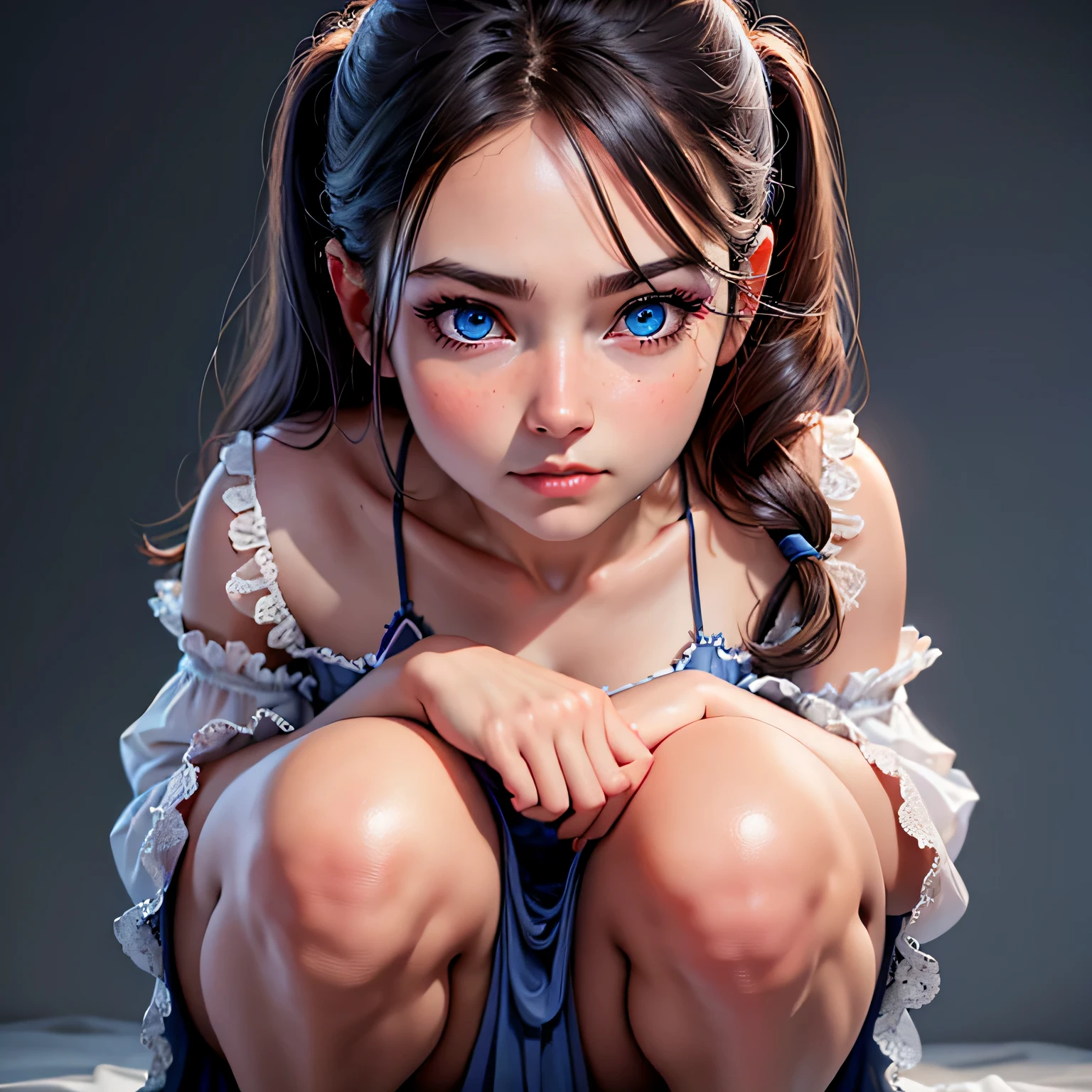 1girl, solo, looking at viewer, makeup, mid day, (realistic:1.2), (realism), (masterpiece:1.2), (best quality), (ultra detailed), (8k, 4k, intricate),(full-body-shot:1), (85mm), lighting, (highly detailed:1.2),(detailed face:1.2), (gradients), sfw, colorful,(detailed eyes:1.2)(detailed background),detailed, (dynamic angle:1.2), (dynamic pose:1.2), (rule of third_composition:1.3), (Line of action:1.2). Beautiful woman, bedroom background, wearing night gown, blue eyes, squatting 