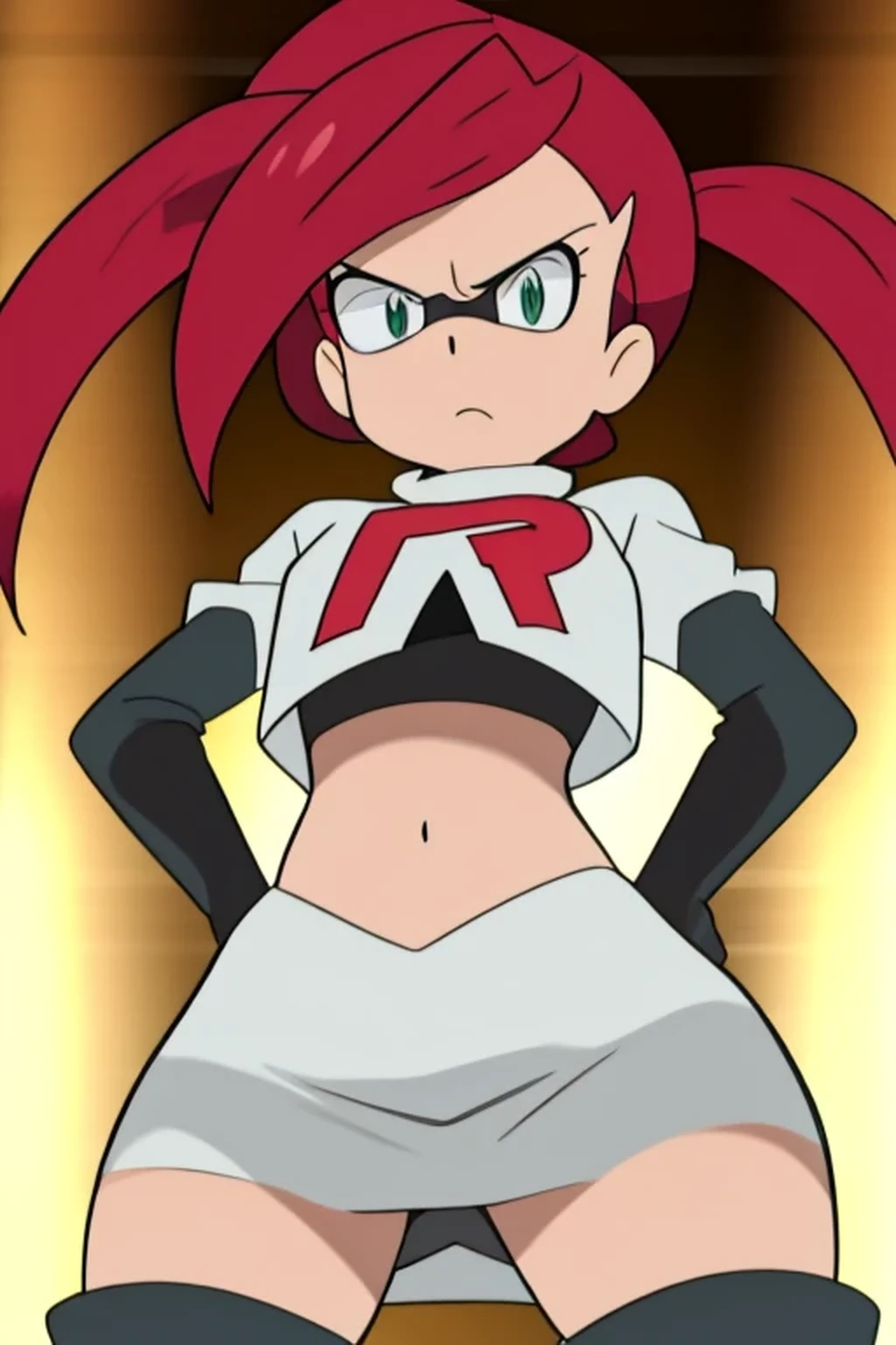 8k, masterpiece,highres, team rocket uniform, red letter r, white skirt,white crop top,black thigh-high boots, black elbow gloves, glaring angrily, looking down at viewer, hands on hips, cowboy shot, from below, black panties,anime style, vivid colors, sharp focus, intense lighting,twin tails,red hair,la brava