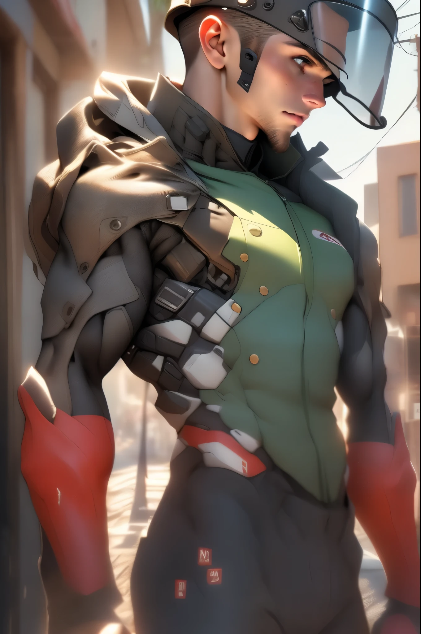 ((Beautiful young man in cap with backward visor:1.5)), ((long shot:1.6)), unreal engine:1.4, Ultra-realistic K CG, Photorealistic:1.4, ((Hyperrealistic skin texture:1.5)), dynamic pose, masterpiece: 1.4, mad max style: 1.4, jeans jacket, long brown hair, honey-colored eyes, military-style shorts, green pantyhose, decorations on her clothing and hair, apocalyptic city background.32k