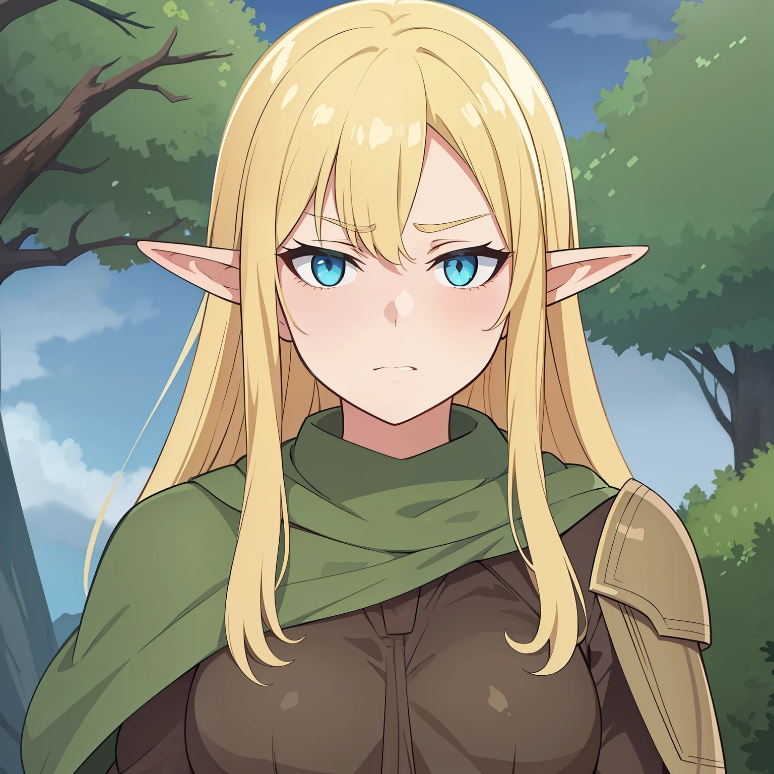 high quality, masterpiece. Elf girl. leather brown armor. green hunting cloak. Blue eyes. blonde hair. gloomy face. against the background of sky and forest.

