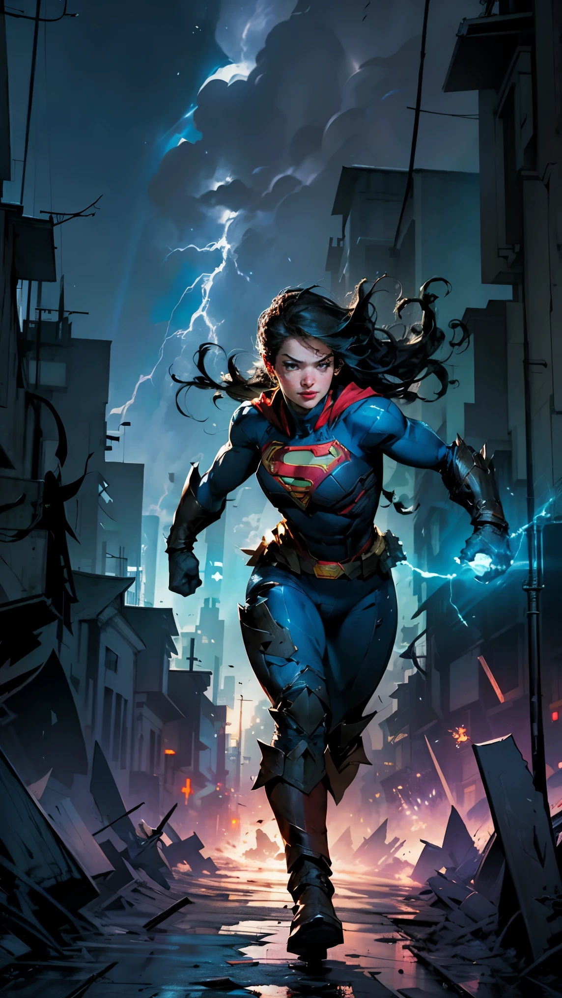 Superman e Batman lutando, destroyed city in the background, Lightning in the sky, fim do mundo, Fallen Supergirl
