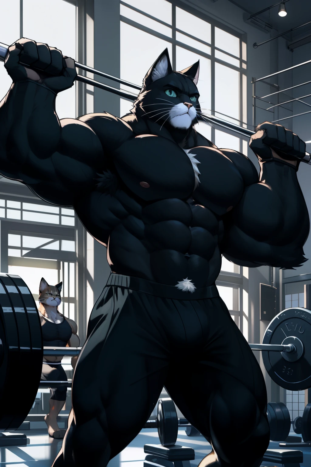 A humanoid cat, with firm muscles defining its feline form, is deeply concentrated as it lifts weights at the gym. Its delicate, expressive face is contorted with focus and determination. The fur on its broad shoulders ripples with each exerted effort. Its detailed eyes, bright and alert, never leave the weights as it lifts them with confidence. Surrounded by the high-detailed, intricate gym equipment, the gym's bright lighting illuminates every muscle and fur on the cat's muscular body. By artisticmaster, by felinestrength, in highest quality, realistic anatomy, trending on ArtStation, captured in mid-lift, determined look, focused gym