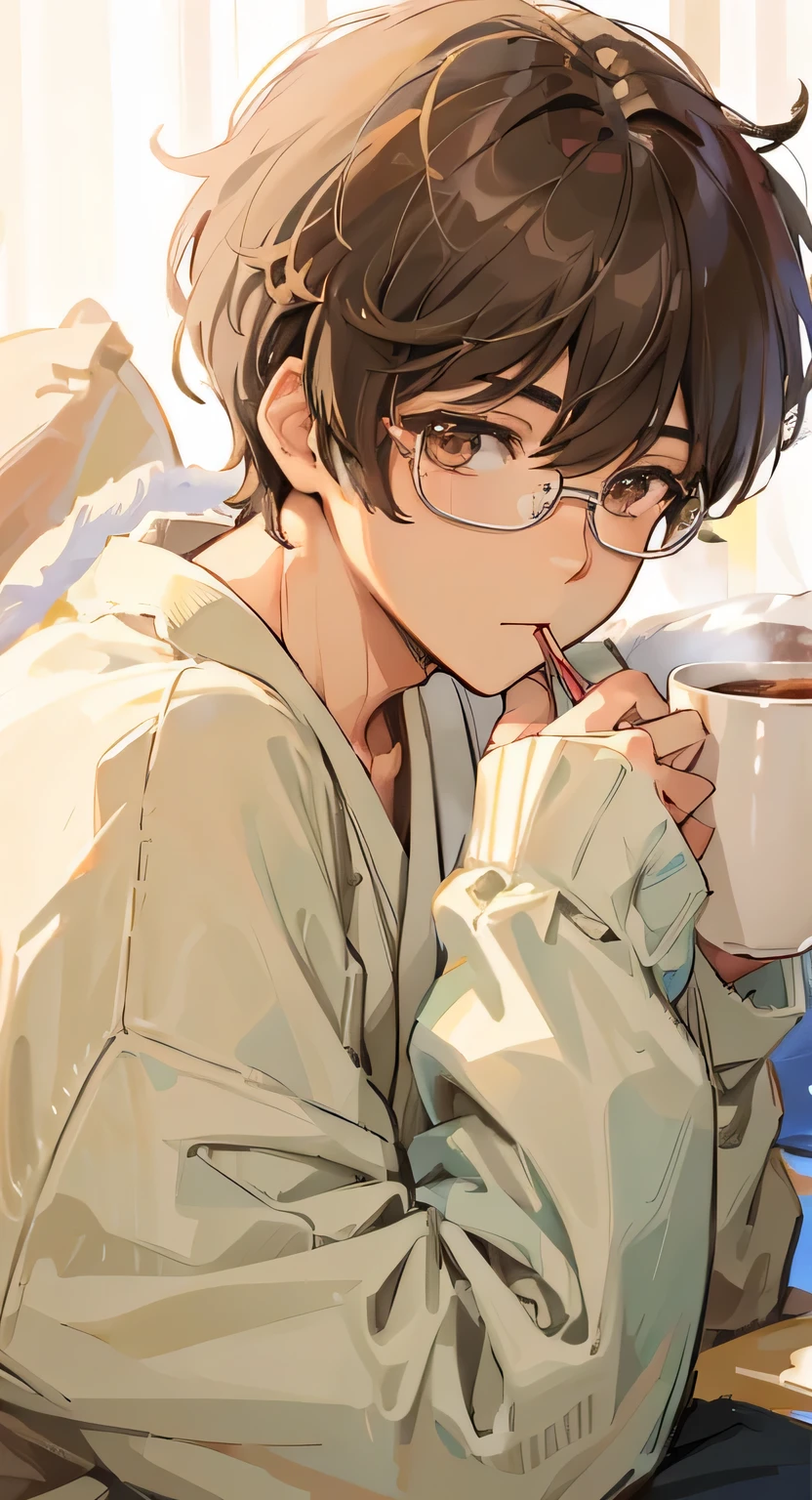 Male closeup, Japanese anime, Beautiful young man, Brown hair, bowl cut, morning, Drinking cocoa on a fluffy sofa, Cute loungewear, windows,High quality, amount of drawing, pixiv illustration, wearing round glasses