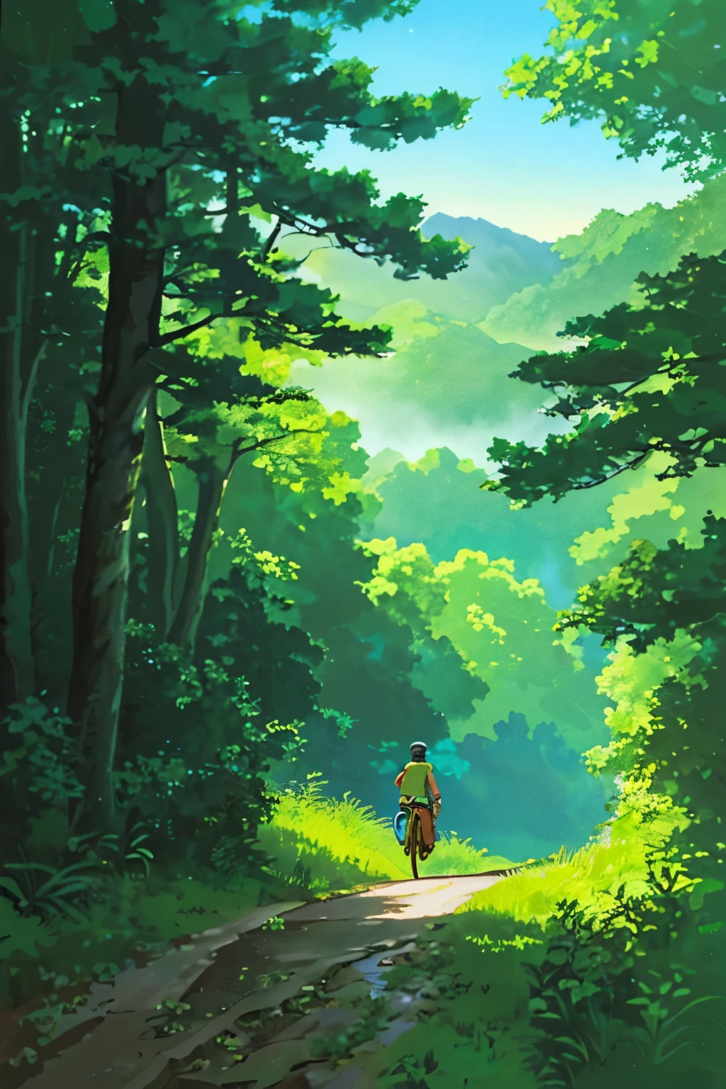 Amidst a Studio Ghibli-inspired scenic landscape, a lone man on a bicycle traverses a winding mountain road. The traditional anime style comes to life with lush greenery adorning the hillsides, and delicate, intricate details adding to the whimsical atmosphere. Gentle morning light cascades through the clouds, casting a warm, inviting glow. The air carries an enchanting stillness as the man continues his journey, leaving a trail of mist in his wake. --ar 3:4 --v 6 --s 500
