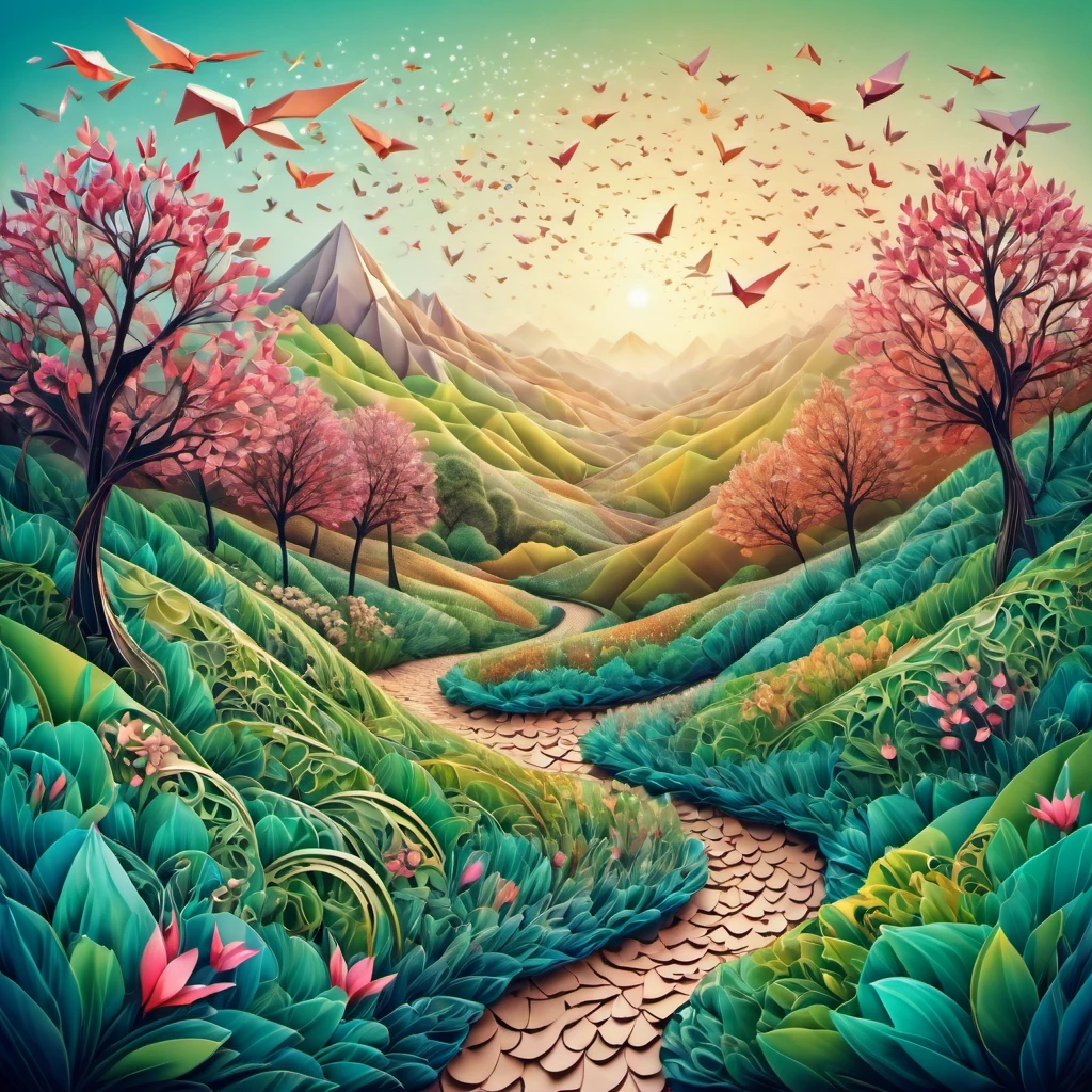 (best quality, highres, ultra sharp), magical Spring Morning, about the beauty of nature , zentangle lines , origami touches, natural colors, 3d crunch, soft tones,