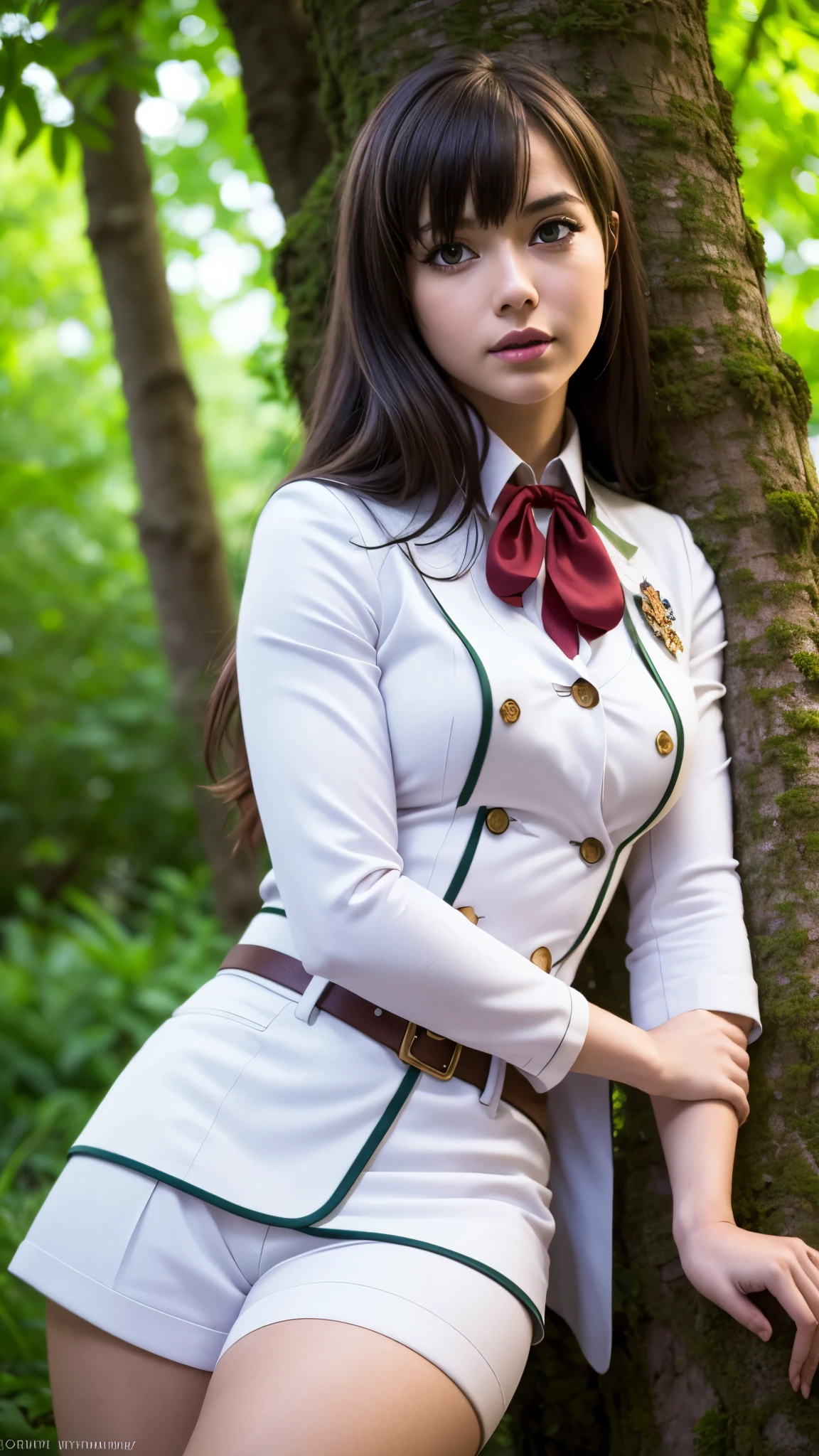 photorealistic, (4k), depth of field, (Masterpiece), (realistic skin texture), extremely detailed, intricate, hyper detailed, professional photography, bokeh, high resolution, sharp detail, best quality, girl, white uniform white shorts, pantyhose, in ecstasy , dynamic pose, resting under a tree, shade of a tree, forest, outdoors,