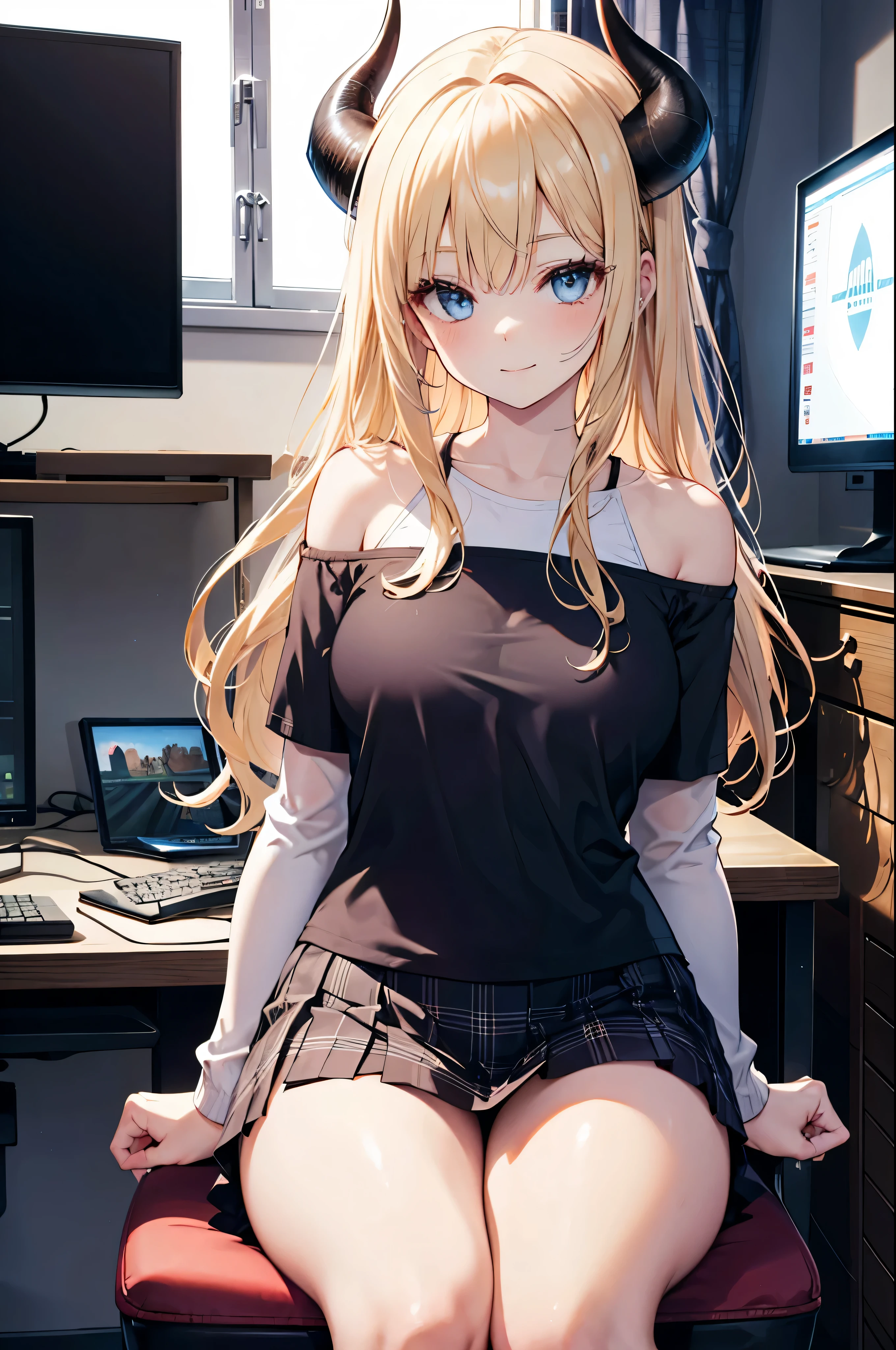 imagen realista, coherent image, imagen detallada, 1 hermosa chica. Ella tiene el pelo rubio, pelo largo, ojos azul claro, long eyelashes. ella tiene cuernos de demonio. Su rostro es ovalado y delicado., sonriente. Ella lleva una manga larga, camisa con hombros descubiertos, minifalda plisada a cuadros, zapatillas, y medias hasta la mitad del muslo. ella tiene un cuerpo con curvas, pechos medianos, muslos gruesos, Background of a room, rodeado por una computadora de juego, natural lighting, volumetric lighting