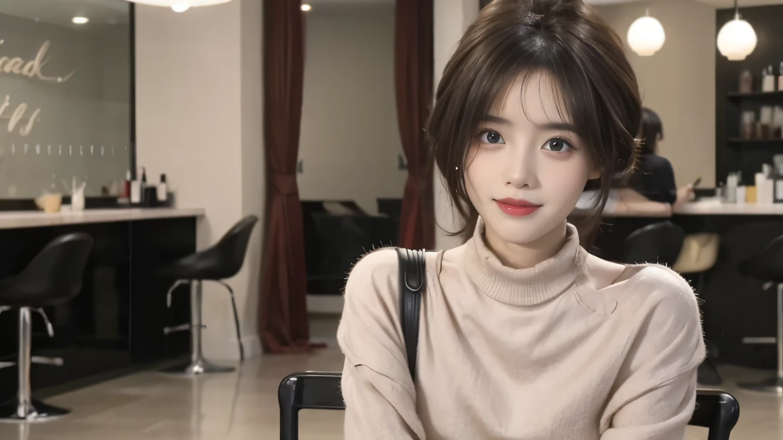 Beautiful woman、Photographed inside a stylish cafe,beauty salon model, hair cut model,Hair Salon Model, A stylish and fashionable cafe,tight knit dress