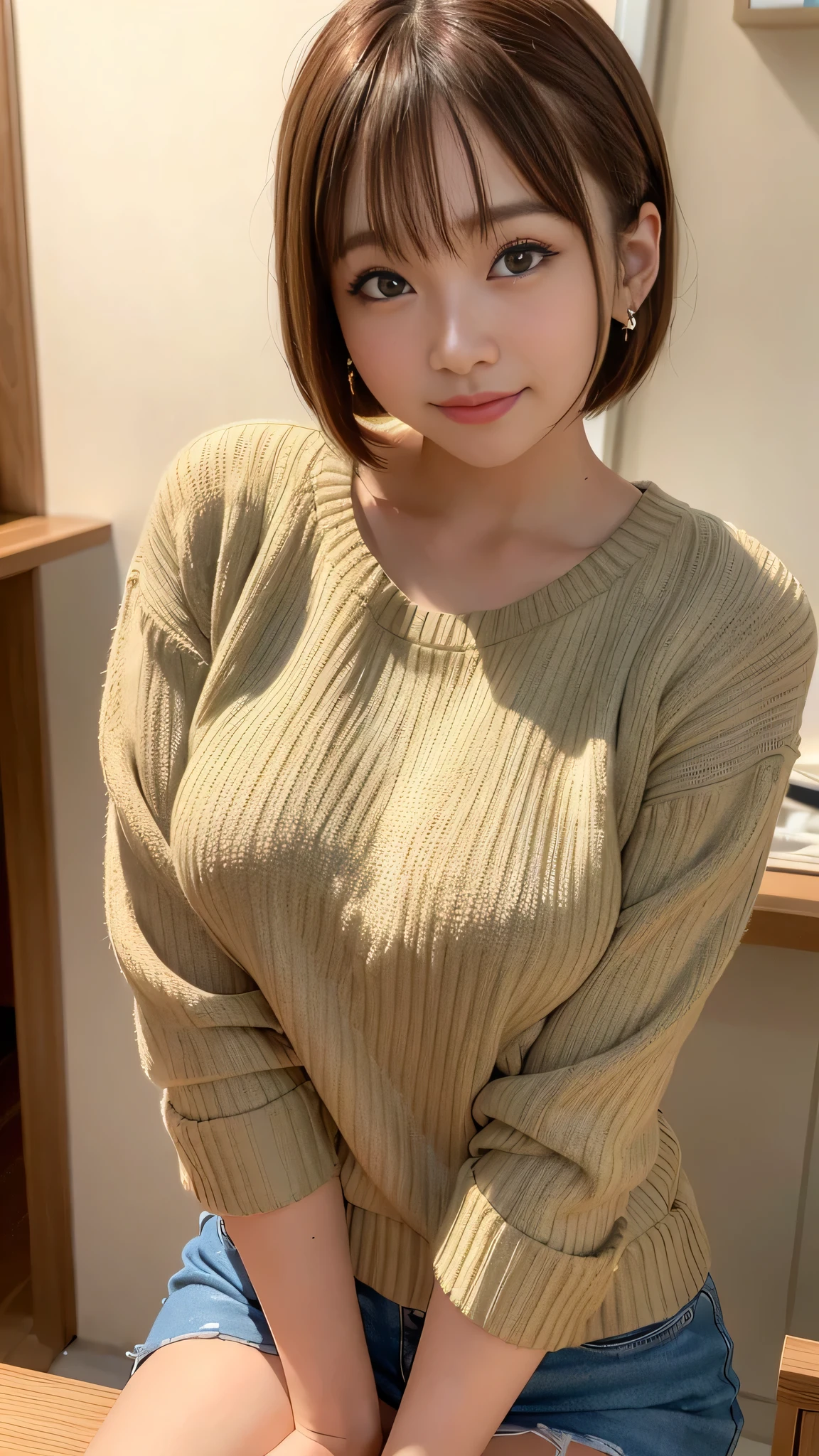 25 years old, Japanese, catch light, upper_body, brown sweater,bob hair, ,earrings,    Raw photo,  highest quality, (Photoreal), Suggestive,(smile:0.7)