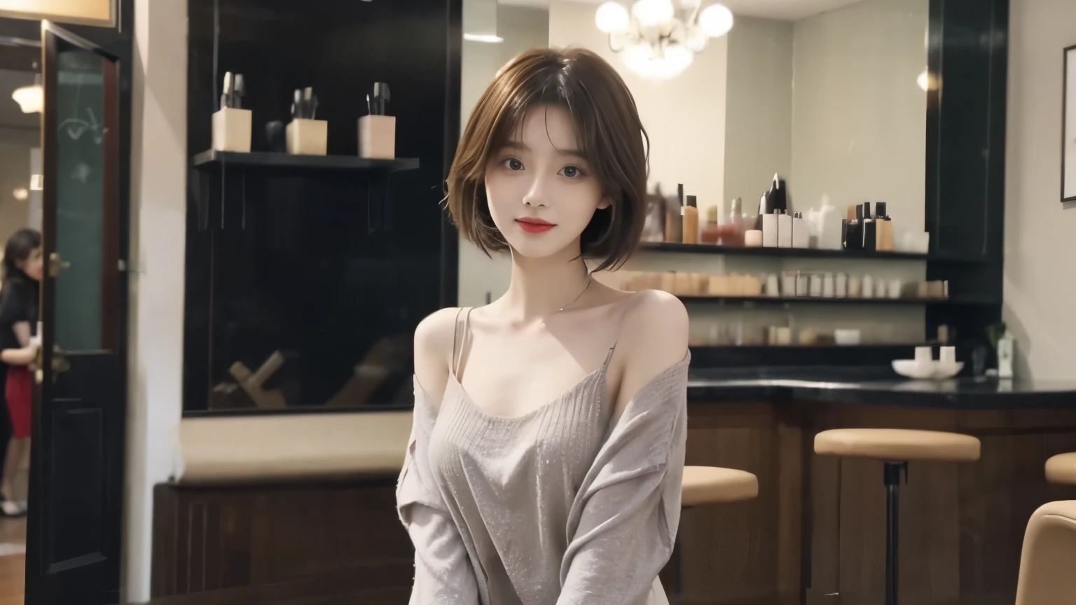 beautiful girl,Beautiful woman、Photographed inside a stylish cafe,beauty salon model, hair cut model,Hair Salon Model, A stylish and fashionable cafe,tight knit dress