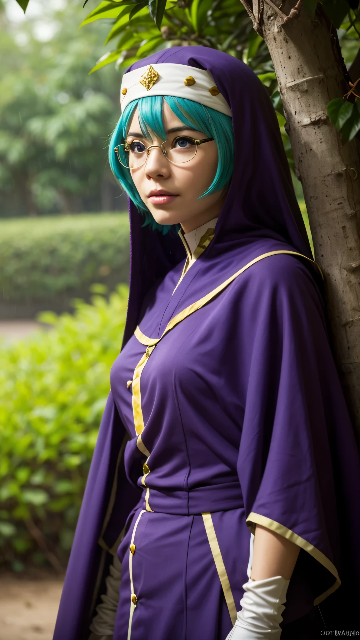 photorealistic, (4k), depth of field, (Masterpiece), (realistic skin texture), extremely detailed, intricate, hyper detailed, professional photography, bokeh, high resolution, sharp detail, best quality, woman, short hair, cyan hair, blue eyes, glasses, purple robe, purple headdress, white lining, white gloves, gold headband,  dynamic pose, relaxing, forest, raining, water reflections, flower bushes, grass,