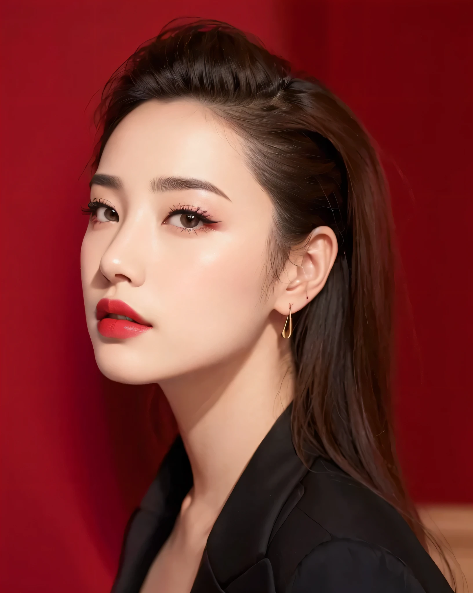 Close-up of a woman wearing a black jacket and red lipstick, dilraba dilmurat, maquillaje popular de corea del sur, kiko mizuhara, Hye Kyo song, fan bing, Gongbi, maquillaje coreano popular, labios rojos profundos, labios rojo oscuro, Lulu Chen, sha xi, 💋 💄 👠 👗, Li Bing Bing