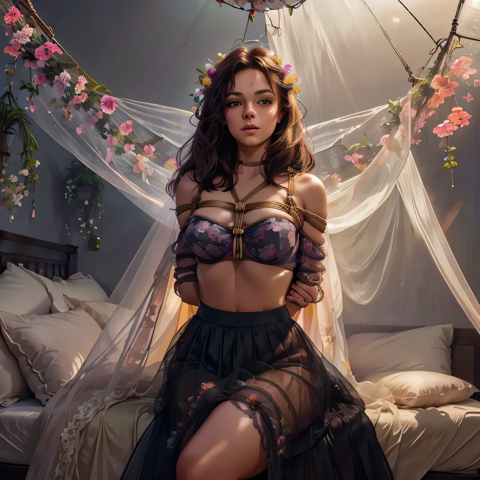 1girl,(bright lighting,romantic setting),dreamy background,,dark hair, mesmerizing gaze, , soft skin, alluring beauty, artistic portrait, high-quality image, vibrant colors,long floral sheer skirt, mosquito net, romantic bedroom, sidesuspension,solobound,veil,barefoot