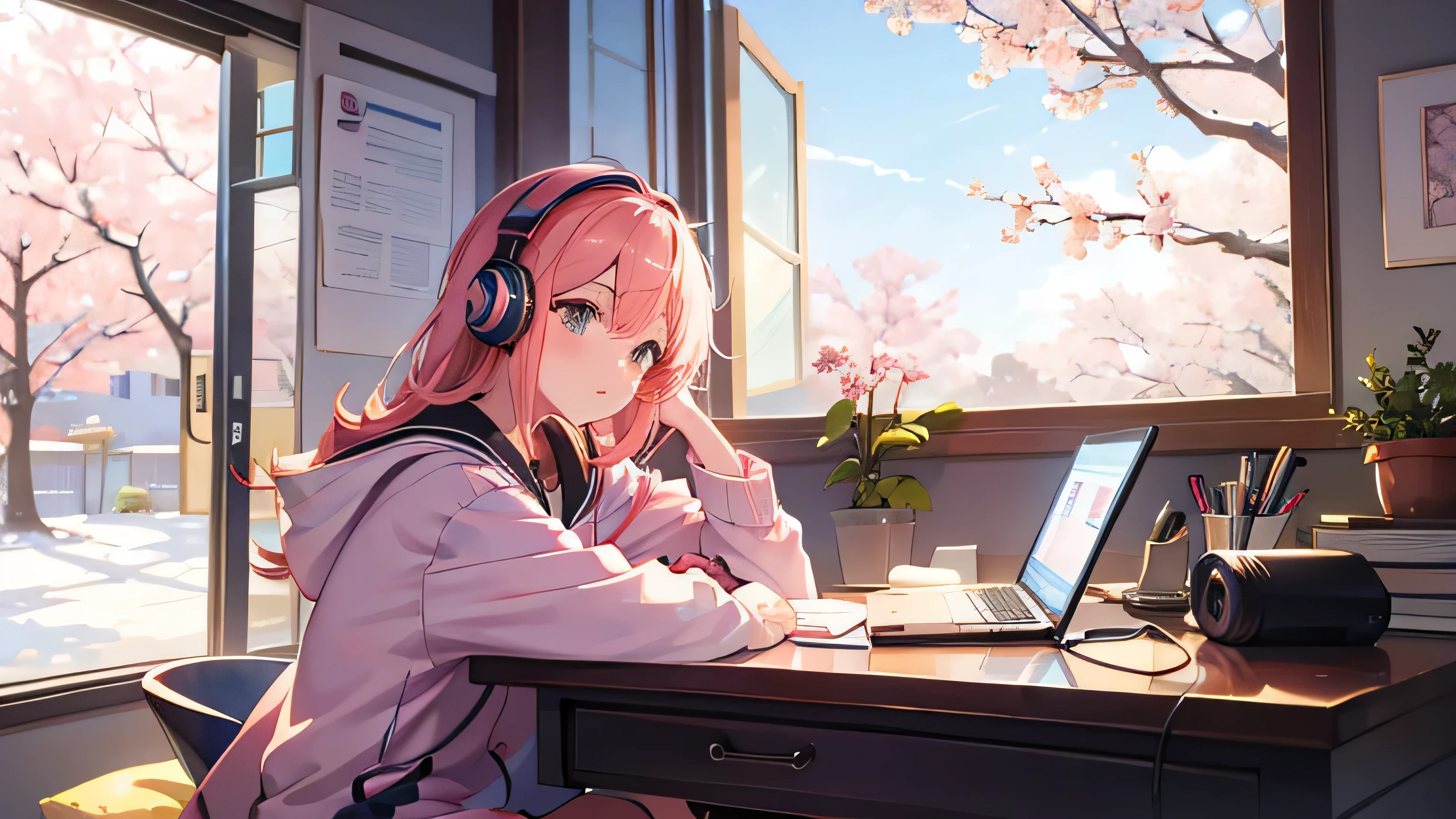 Beautiful girl studying while listening to music on headphones in her room warm lighting Cherry blossoms are blooming outside the room Japanese anime style