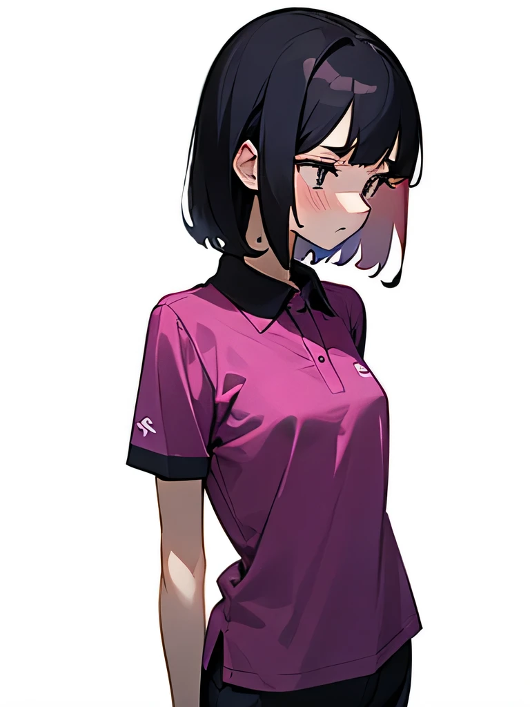 40&#39; No bra, lower body, Japanese, very short, pubic hair, transparent, small breasts, embarrassing, Shyness, worries, Black hair Magenta polo shirt Short sleeves Arms