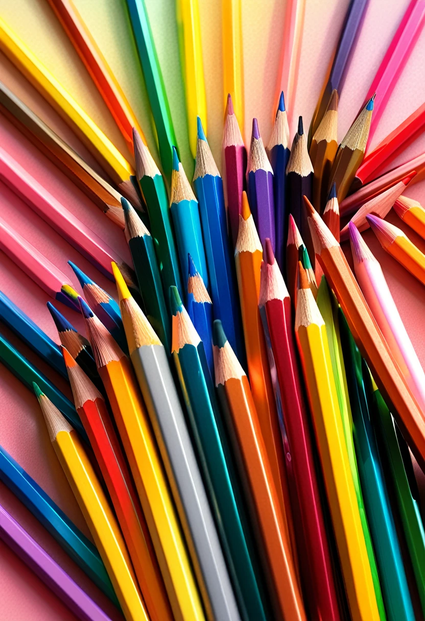 A hyperrealistic depiction of vibrantly colored pencils, capturing their shimmering and glistening surfaces. The pencils are arranged in a visually appealing manner, with their lead exposed, creating a sense of readiness for use. The background is a subtle blend of soft colors that complements the striking hues of the pencils. The lighting highlights each pencil, creating a sense of depth and three-dimensionality.