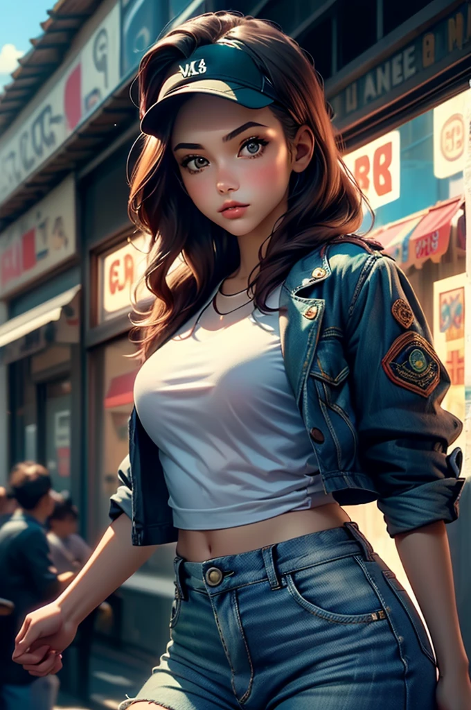 ((Beautiful young woman in cap with backward visor:1.5)), ((full shot:1.6)), unreal engine:1.4, K CG ultra-realistic, Photorealistic:1.4, full-length image:1.3,((Texture of the hyper-realistic skin: 1.5, ultra detailed and beautiful : 1.4)), dynamic pose, masterpiece: 1.4, mad max style: 1.4, jeans jacket, long brown hair, honey-colored eyes, military style shorts, green pantyhose, decorations on his clothing and hair, with an apocalyptic city in the background, 32k