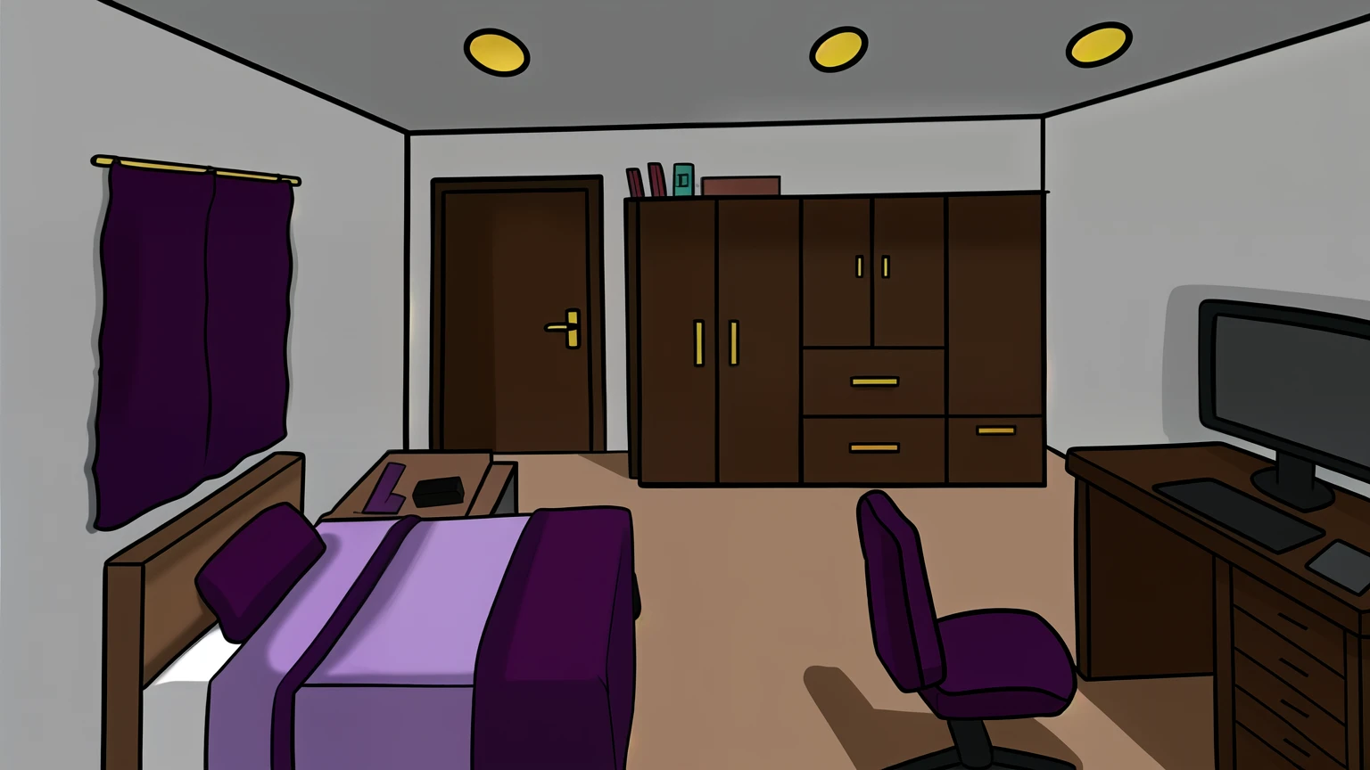 hay un dibujo de un dormitorio con una cama, escritorio, & Television, claustrophobic room, personal room background, dormitorio oscuro, Fondo del dormitorio, interior fondo de arte, dentro de un dormitorio, dormitorio estilo rpg maker, escena de fondo aleatoria, a room interior, en el dormitorio en una fiesta de pijamas, alien room background, fondo de arte, dimly lit room