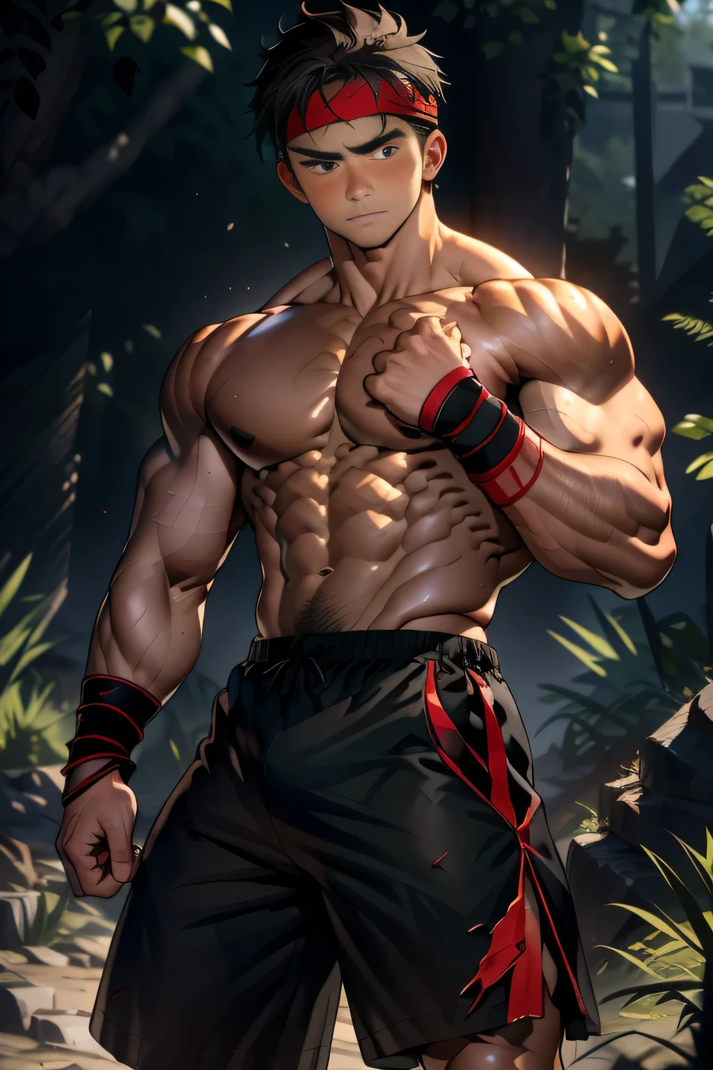 (Masterpiece, Best quality boy, Shota, simple background, cowboy shot), solo, Young, boy, full bodyesbian, Shirtless, topless, (Dark Short straight hair, under cut, brown eyes), (torn cloth, red headband, black shorts, ((black wristband))), Vivid colors, (hot Abs, big breast, upper arms), (topless male), closed mouth, serious, tight muscler body, Man with martial arts stance, epic kung-fu pose