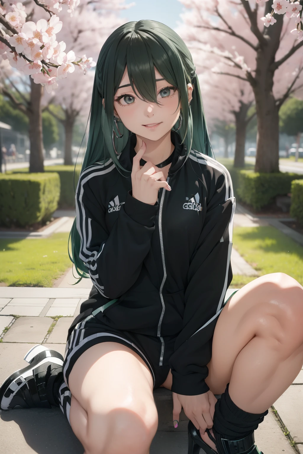 green hair、Hatsune Miku、black shorts、Gradient Color Hair、tie hair、colorful hair、cross-eyed、messy hair、sit、Hatsune Miku、 highest quality, High resolution, unity 8k wallpaper, (figure:0.8), (detailed and beautiful eyes:1.6), highly detailed face, perfect lighting, Highly detailed CG, (perfect hands, perfect anatomy),(((pixel perfect, detail Perfect, Photo Perfect))), alone, 1 girl, adidas, (black tracksuit:1.5), (hoop earrings:1.3),(high heels:1.3),looking at the viewer, smile, :d, cherry blossoms、cherry blossoms並木、cityscape、