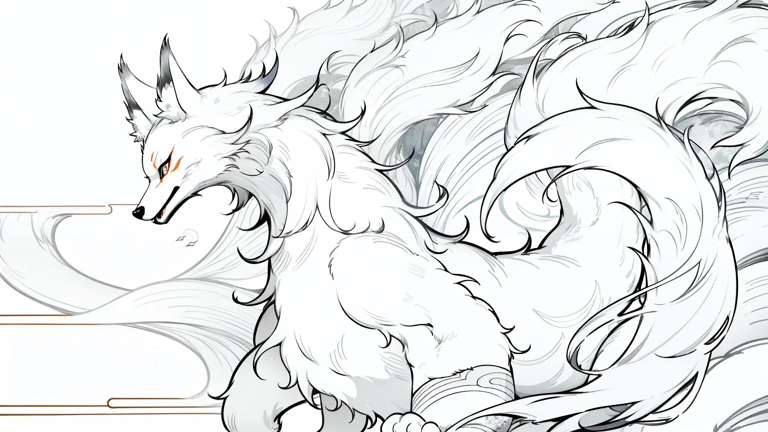 Gigant Nine-tailed white fox is in front of you,kitsune fox,(((animal))),(white background,line drawing),