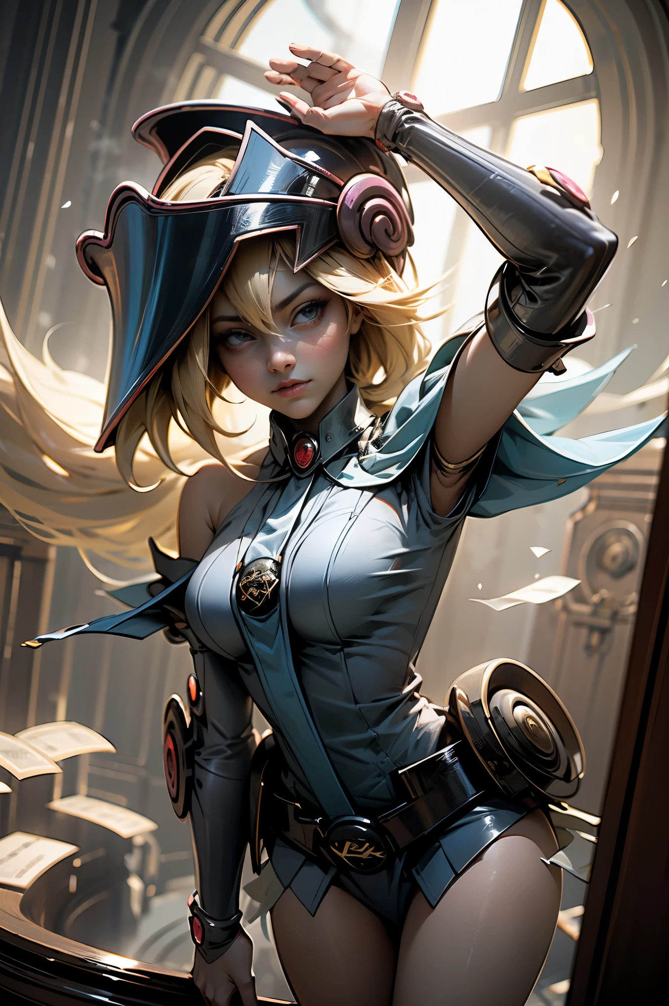 (Obra maestra:1.2), (La mejor calidad:1.2), perfect lighting, Chica Maga Oscura lanzando un hechizo, flotando en el aire, tetas grandes, escote, fondo de magia. Corazones transparente en el hambiente, bata azul, sombrero grande, desde arriba, Destellos, Yugioh Card en el fondo